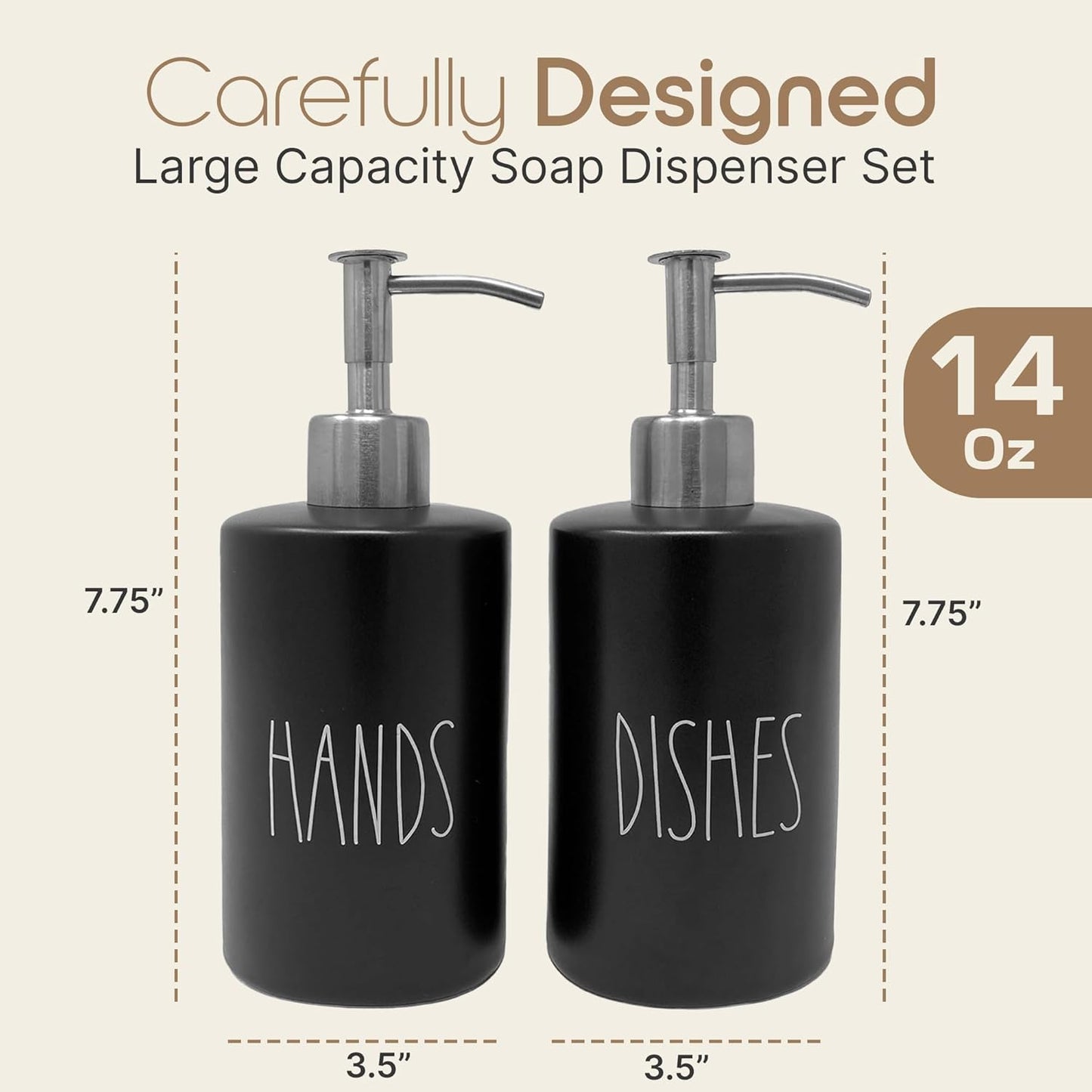 Modern Farmhouse Ceramic Dishes and Hands Soap Dispenser Set for Kitchen | Stainless Steel Pumps |