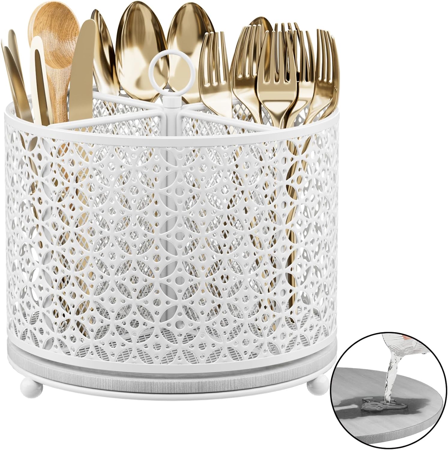 360° Rotating Kitchen Utensil Holder - Fast-Drying Utensils Caddy - 4 Compartment Flatware