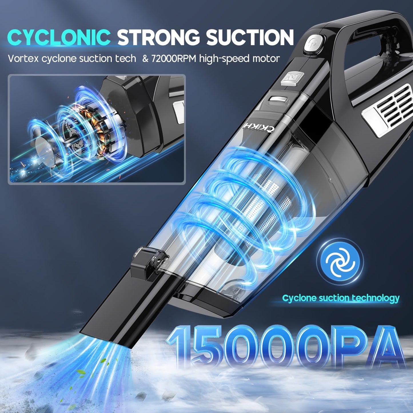 Handheld Vacuum Cordless, 15000PA Strong Suction Hand Held Car Vacuum Cleaner Portable with