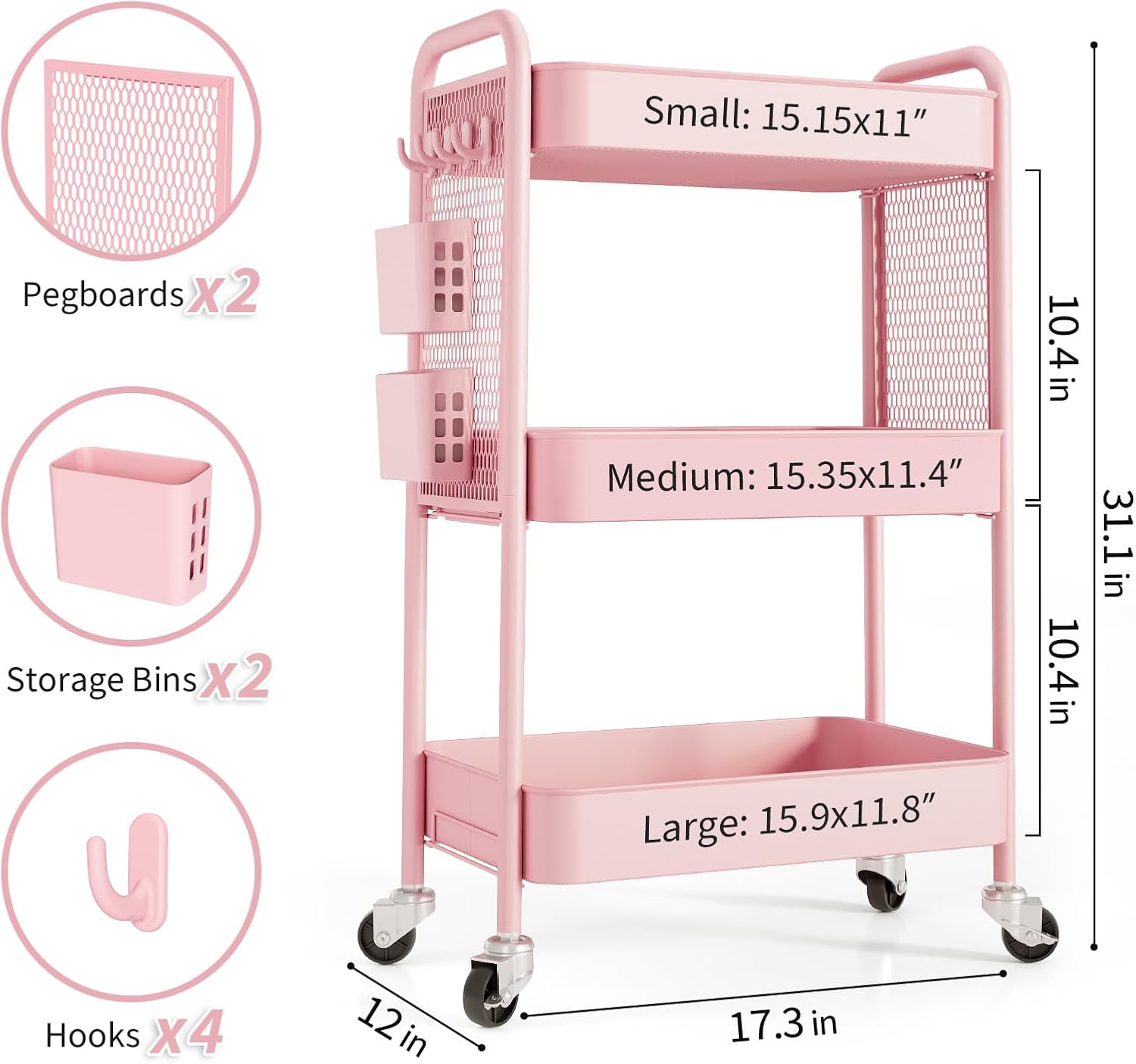 TOOLF 3 Tier Rolling Cart Storage Organizer, Metal Rolling Utility Cart with Wheels, Hooks & Bins