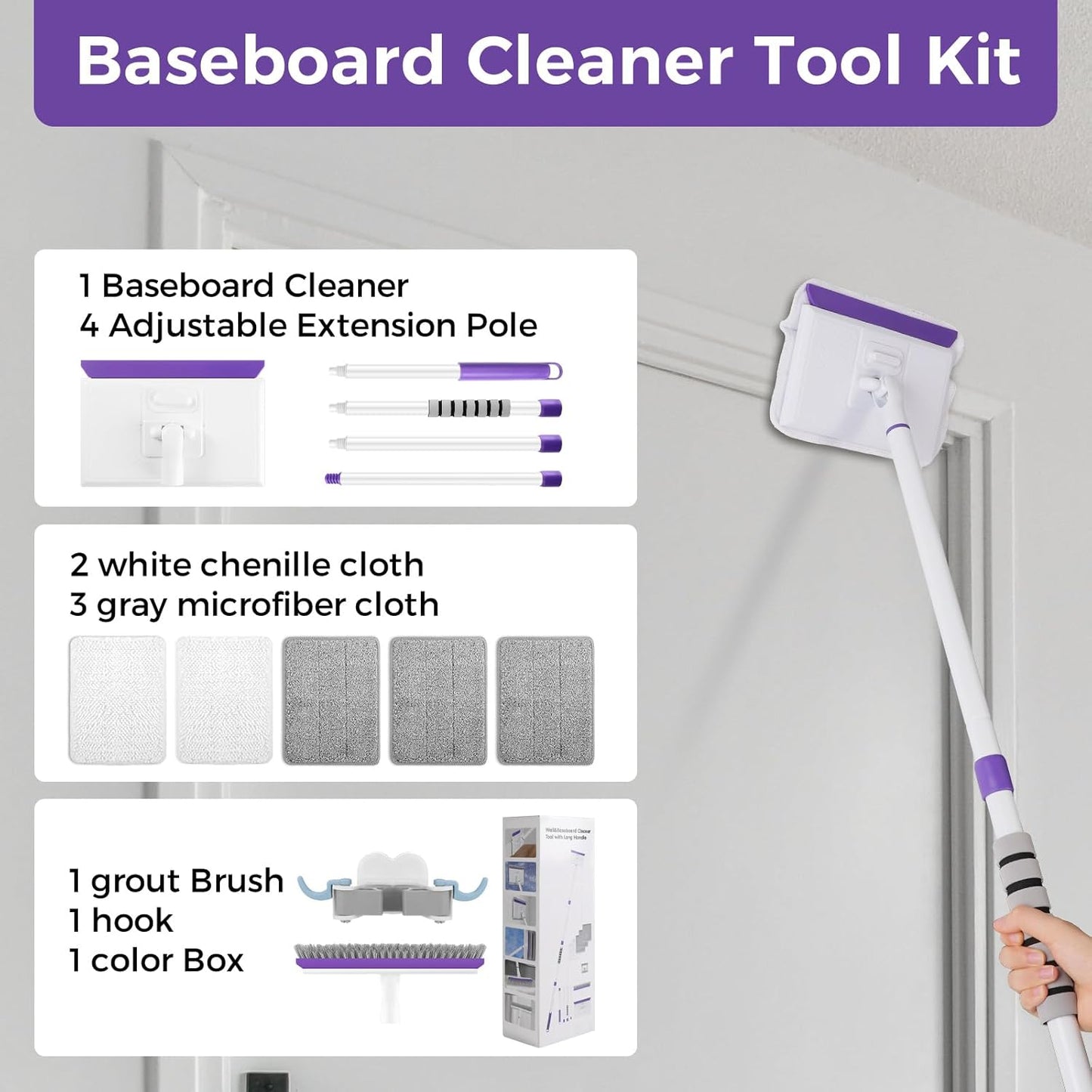 Baseboard Cleaner Tool with Handle 2.0, 60" Extendable Long Handle, Dust Trapping and Locking, 5
