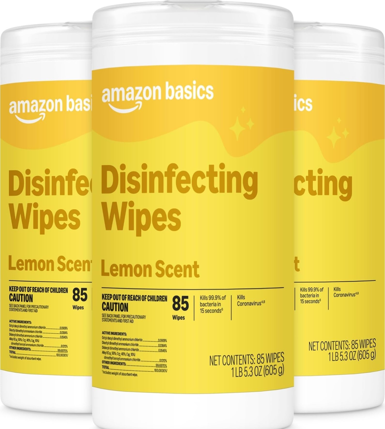 Amazon Basics Disinfecting Wipes, Lemon Scent, for Sanitizing, Cleaning & Deodorizing, 255 Count (3