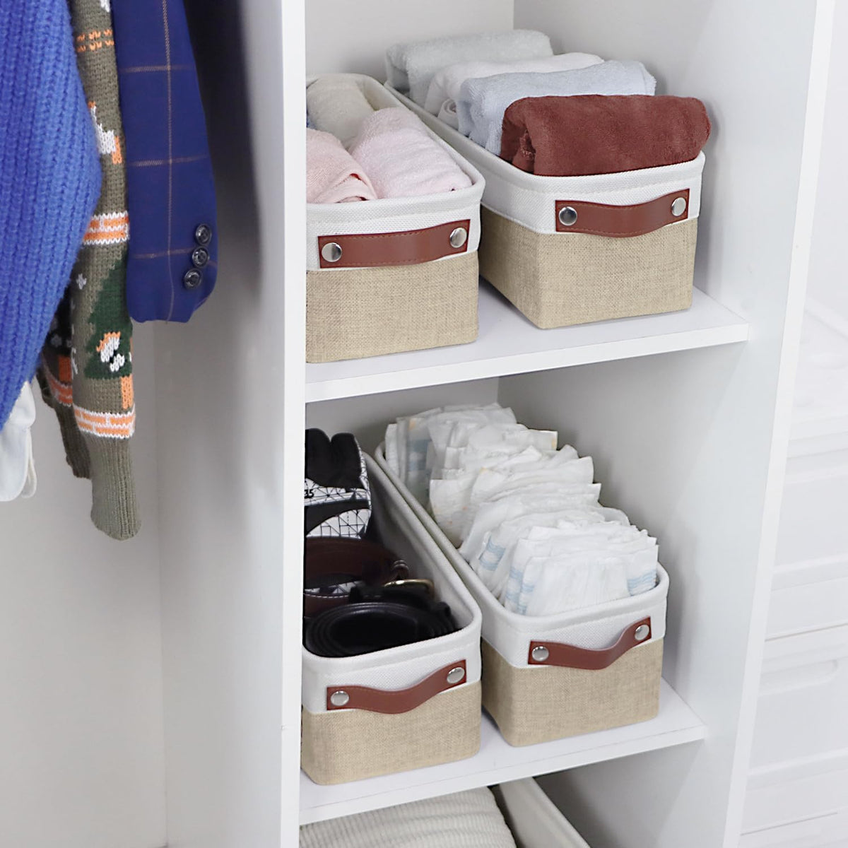 Univivi 4PC Long Narrow Storage Baskets, Small Fabric Storage Bins with PU Handles for