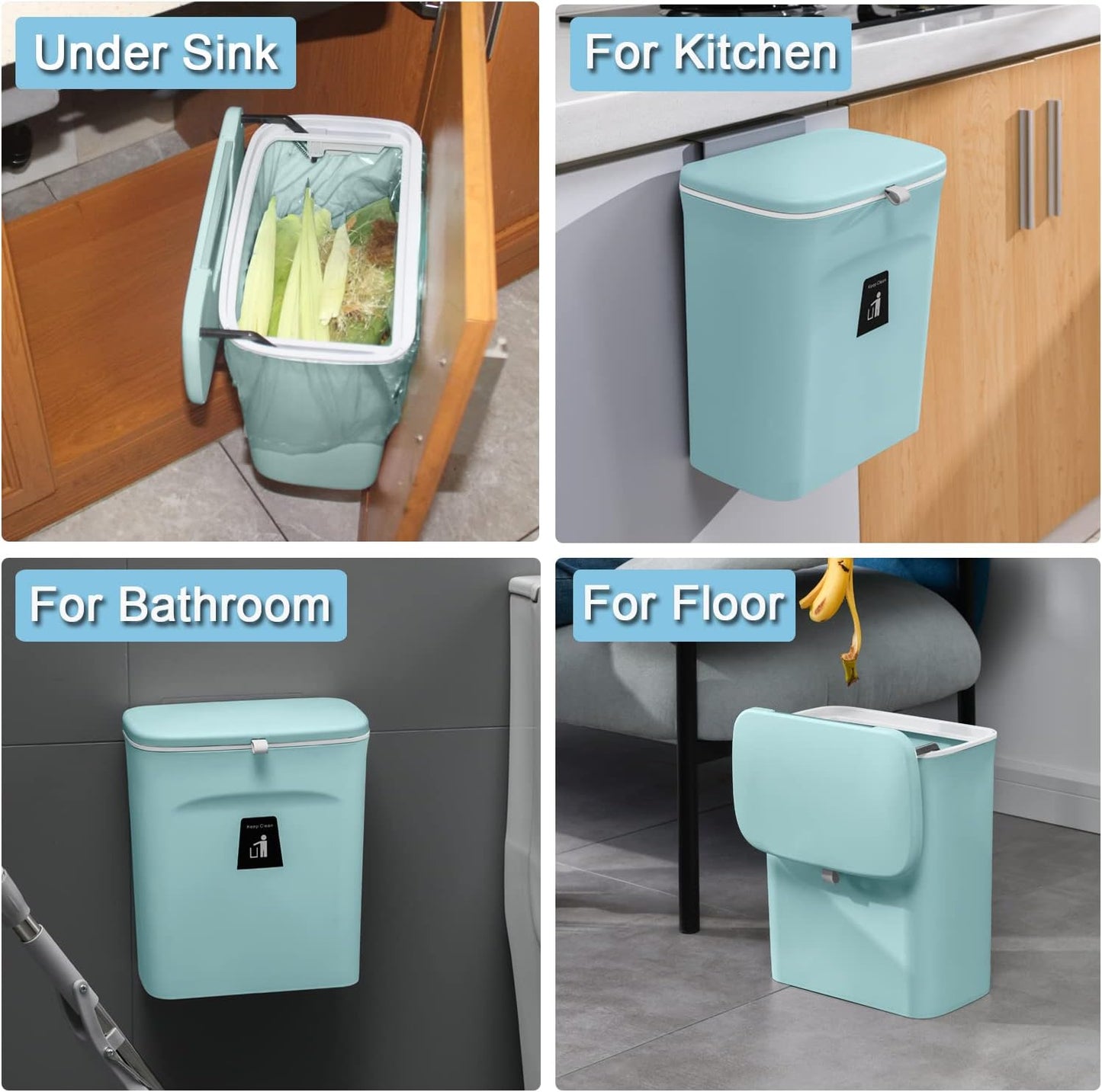 Tiyafuro 2.4 Gallon Kitchen Compost Bin for Counter Top or Under Sink, Hanging Small Trash Can with