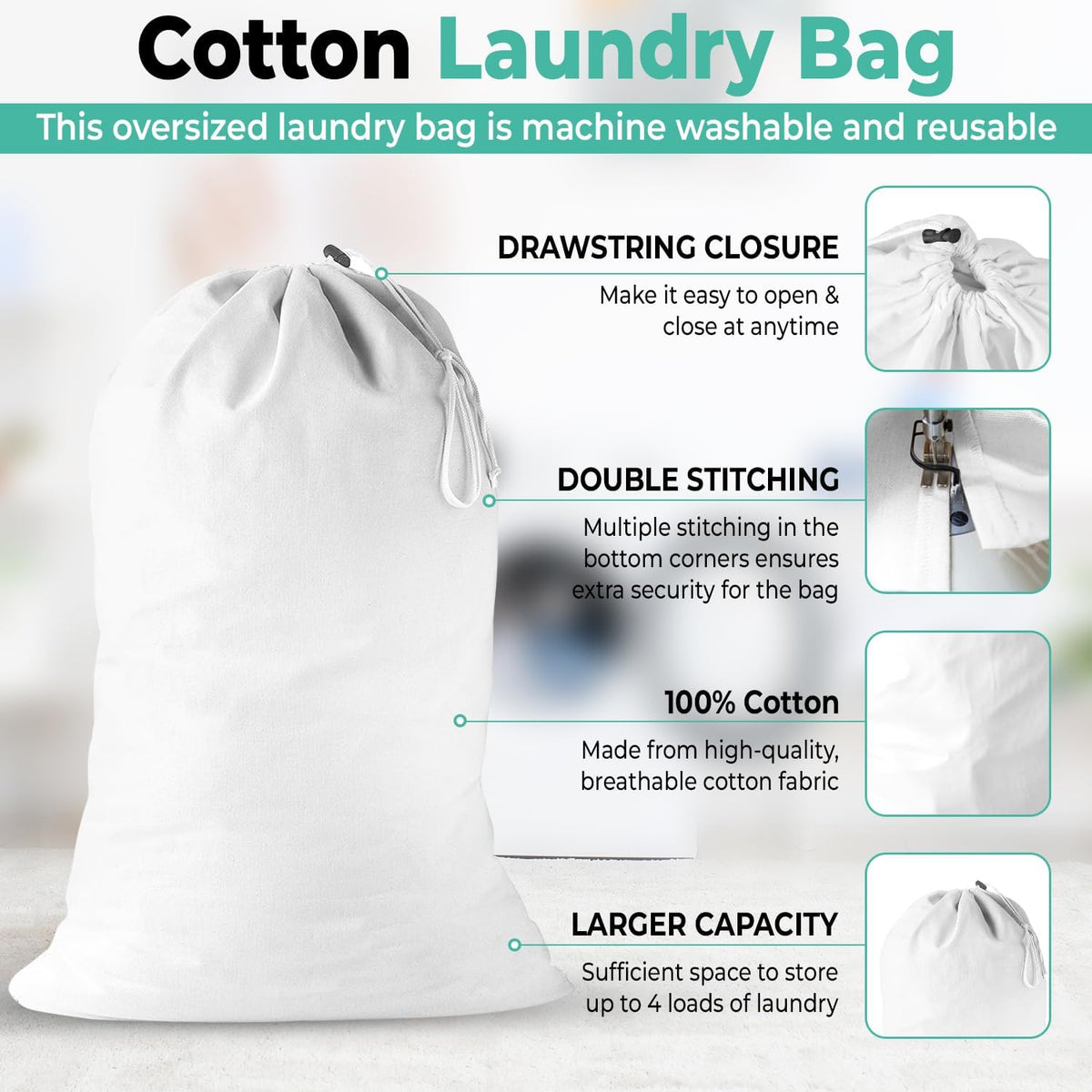 2 Pack - Extra Large Cotton Laundry Bag, Heavy Duty Large Laundry Bags 24 x 36 inch XL Drawstring