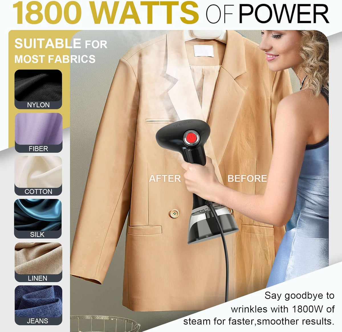 Steamer for Clothes, 1800W Fast Heat-up Clothes Steamer Handheld Garment Steamer with 3 Steam