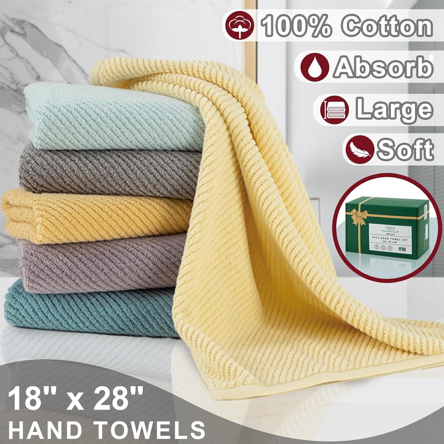 VOOVA & MOVAS Hand Towels for Bathroom Set of 4, Large 18" x 28" - 100% Cotton | Lightweight |
