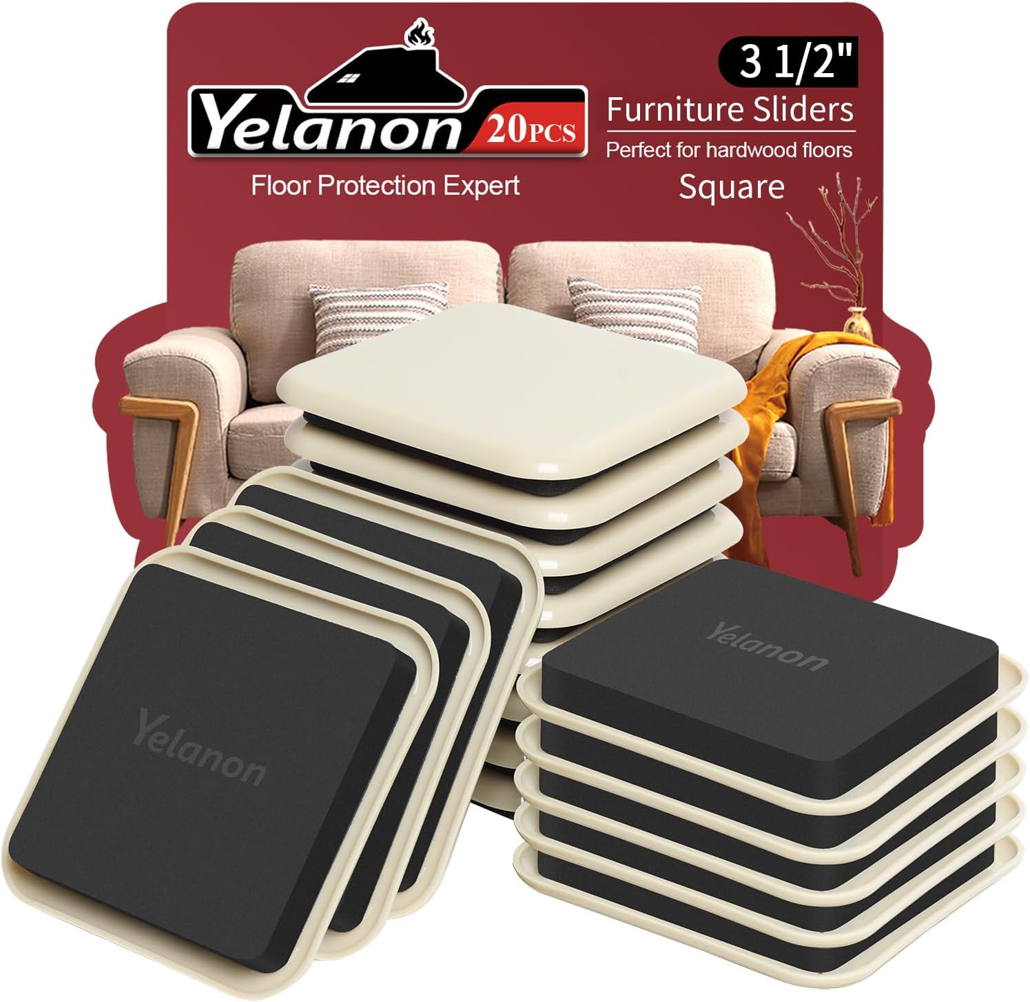 Yelanon Furniture Sliders, 20 pcs-3 1/2” Square Beige Furniture Sliders for Carpet, Furniture Pads
