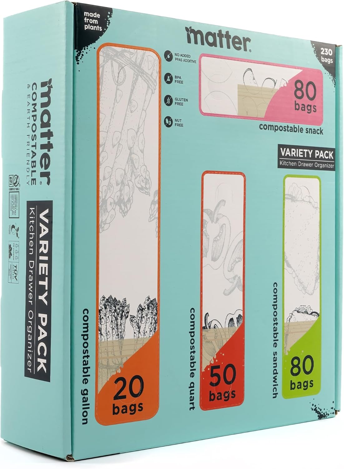 Matter Compostable Assorted Kitchen Bags, 230 Count, Biodegradable, Eco-Friendly Resealable Food
