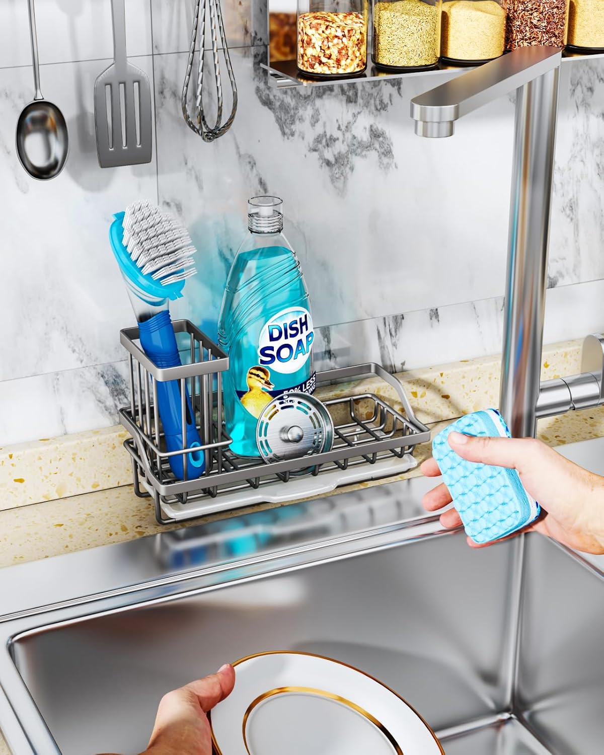 Consumest Sponge Holder for Kitchen Sink, Sink Caddy Organizer with Removable Drip Tray, Countertop