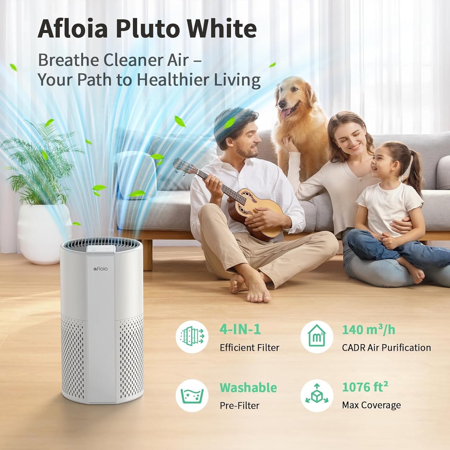 Afloia Air Purifier for Home, 4-in-1 Washable Filter for Allergies, Covers Up to 1076 ft², Quiet
