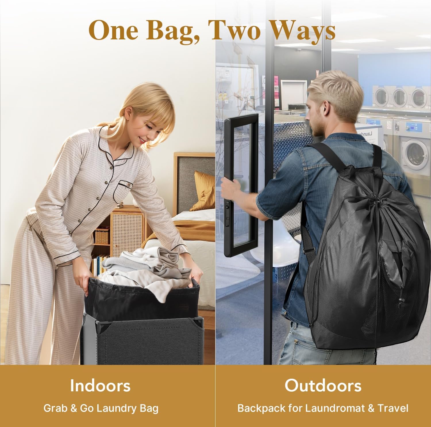 60L 2-in-1 Laundry Hamper with Laundry Backpack, Waterproof Basket with Lid, Laundry Bag with