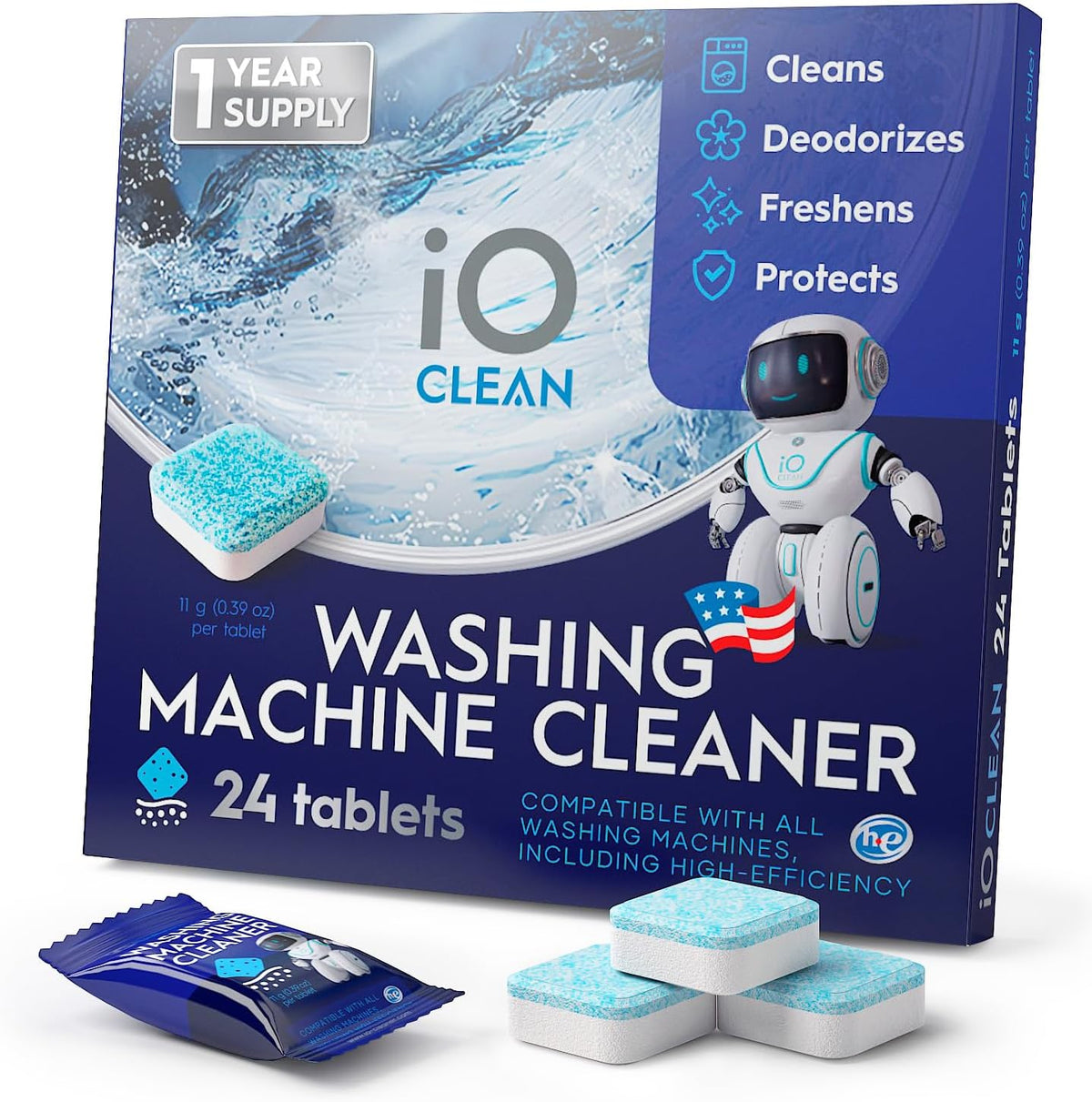 Washing Machine Cleaner and Descaler Tablets 24 Pcs - Deep Clean and Descaling for HE Front and Top