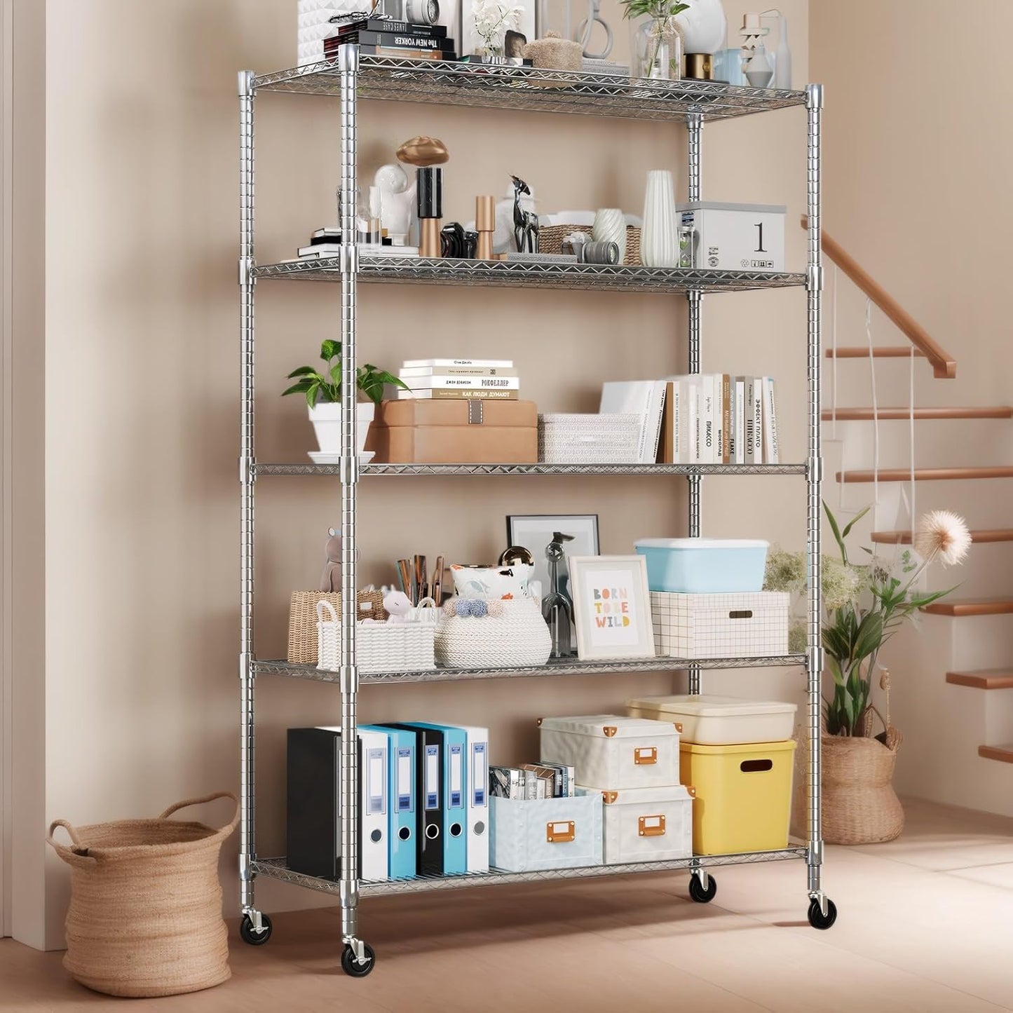 Himimi 60" W Storage Shelves, 5-Tier Wire Shelving with Wheels 3250LBS Heavy Duty Metal Shelves for