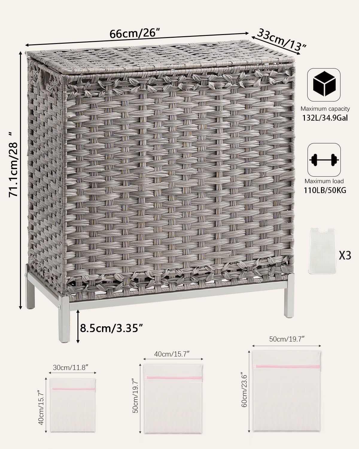 Laundry Hamper with Lid 132 L, (35 Gallons) Clothes Hamper with Lid, Handwoven Rattan Laundry
