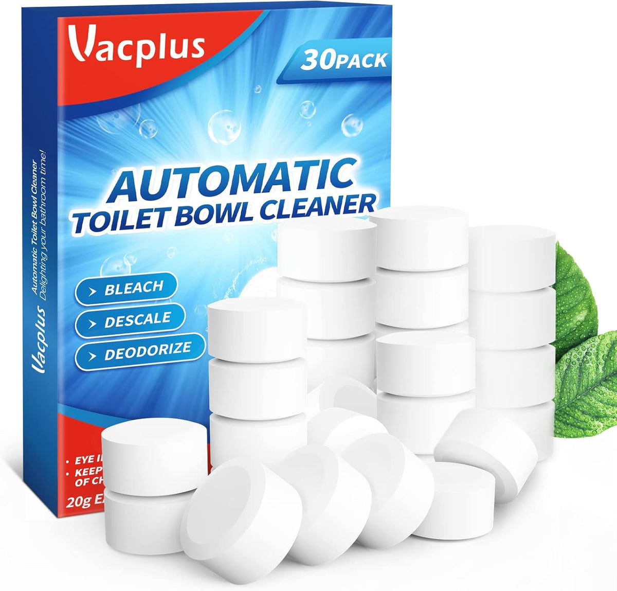 Vacplus Toilet Bowl Cleaner Tablets 30 PACK, Automatic Toilet Bowl Cleaners with Bleach for