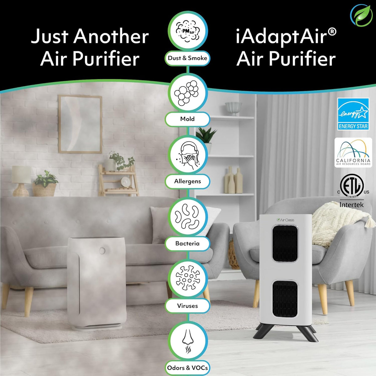 Air Oasis iAdaptAir 2.0 H13 HEPA Filter Air Purifier Reduces 99% of Viruses, Mold, Dust, Smoke