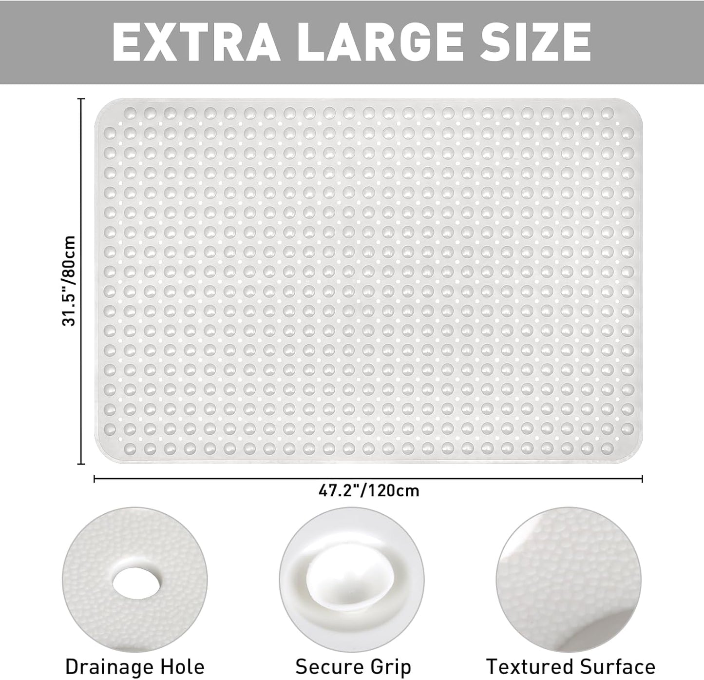 Shower Mat Non Slip: 47.2 x 31.5 Inch Extra Large TPE Shower Mats for Inside Shower - Anti Slip