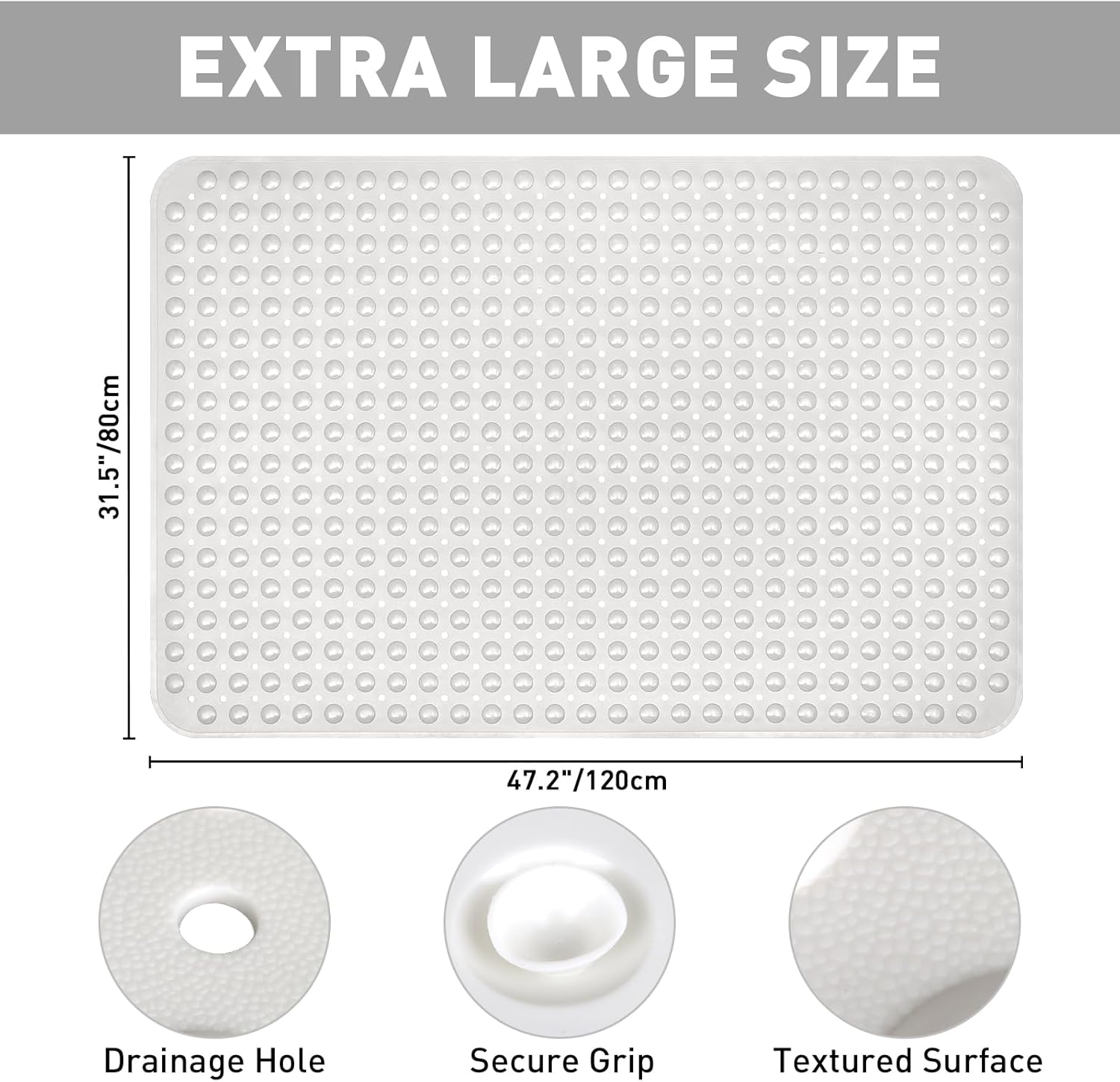 Shower Mat Non Slip: 47.2 x 31.5 Inch Extra Large TPE Shower Mats for Inside Shower - Anti Slip