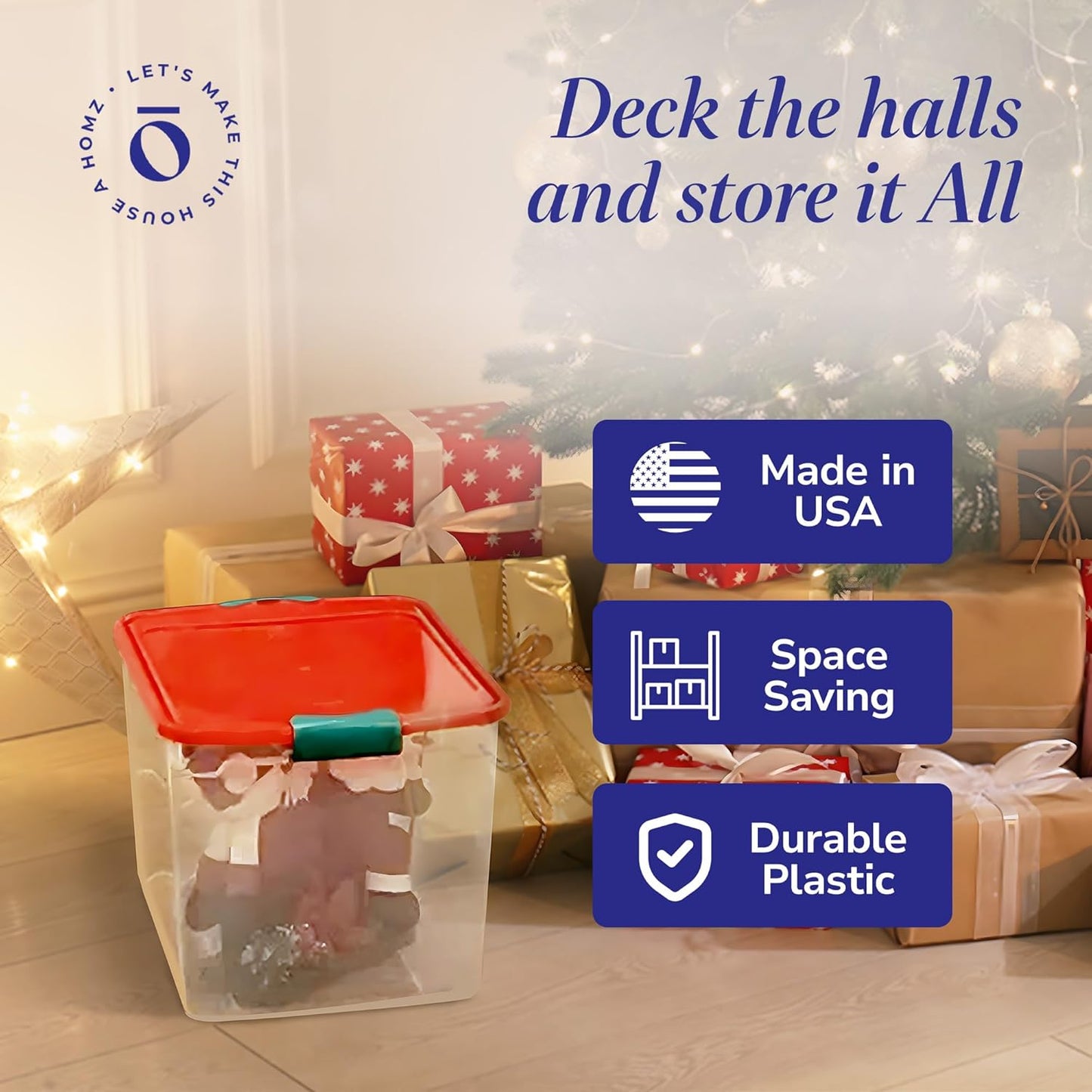 HOMZ 4-Pack Holiday Tote, Plastic Storage Organizer Bins with Lids, 31 Quart, Clear/Red - Stackable