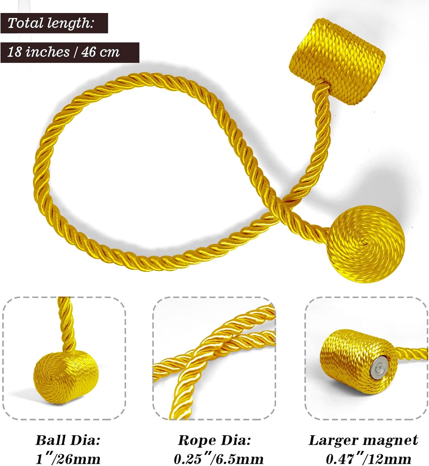 Hion Magnetic Curtain Tiebacks Golden 4 Pack, Curtain Tiebacks Buckles Holdbacks Holders Hooks Clip