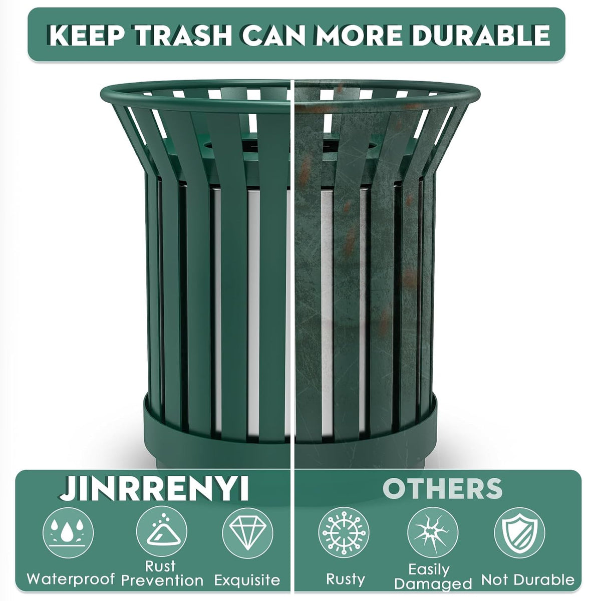 Round Heavy Duty Outdoor Trash Can, Large Metal Slatted Garbage Can for All Weather Resistant