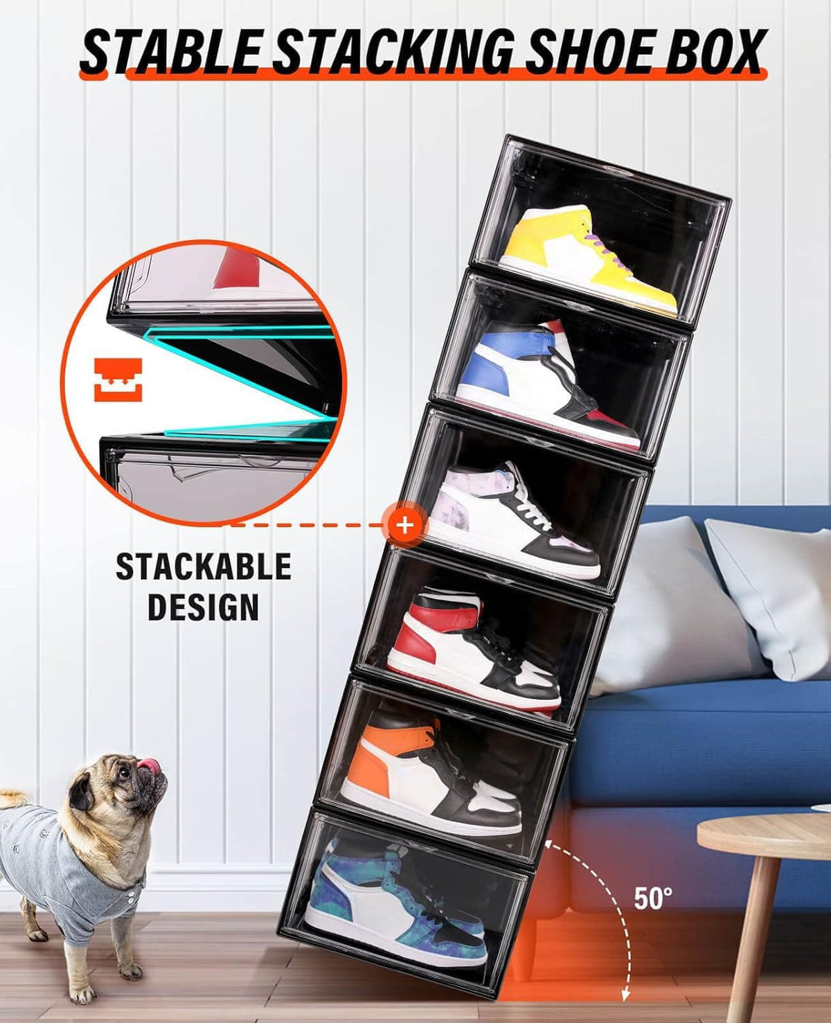 KDOR Clear Shoe Boxes Stackable, 3 Pack Shoe Storage Box with Lids Magnetic Door, Clear Sneaker