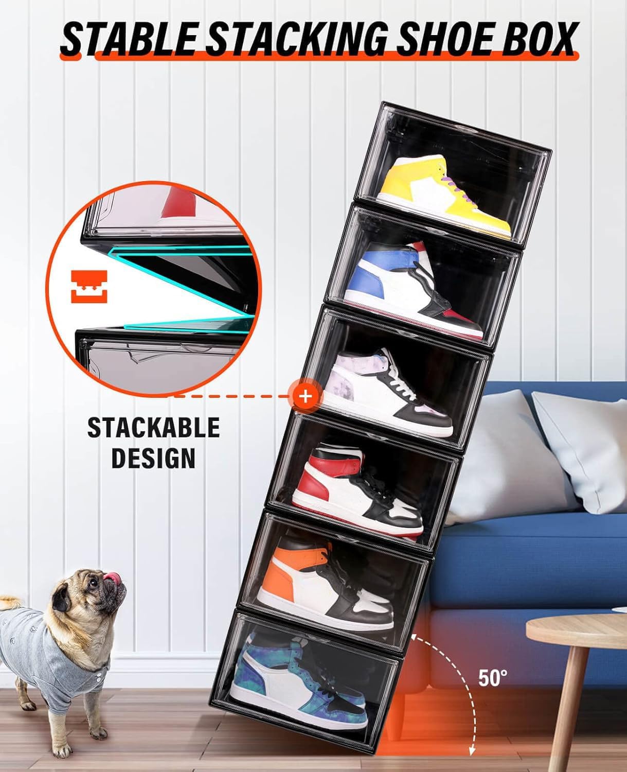 KDOR Shoe Boxes Clear Plastic Stackable 10 Pack Sneaker Storage Boxes with Magnetic Door, Acrylic