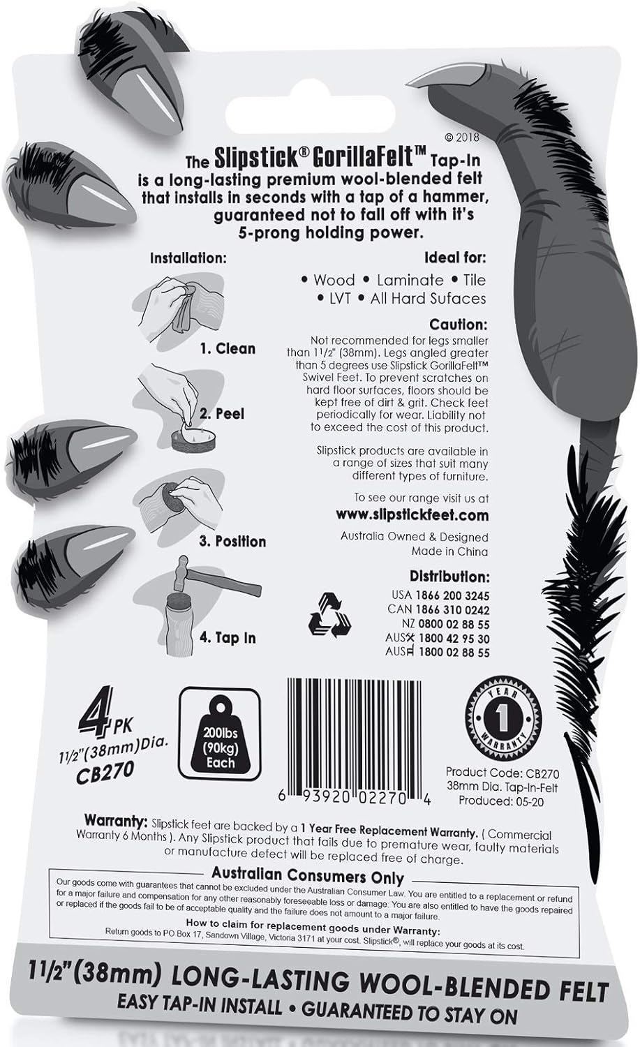 GorillaFelt CB270 Furniture Feet Floor Protectors/Felt Glides (Set of 4) Tap On Felt Furniture Pads