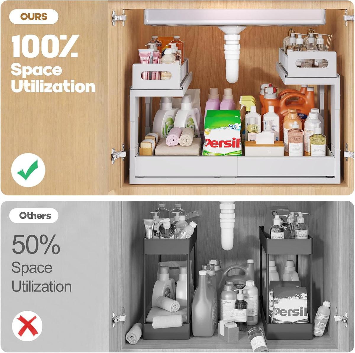 1 Pack Expandable Under Sink Organizers Storage With Upgrade Ball-Bearing Slide Tracks,2-Tier Pull