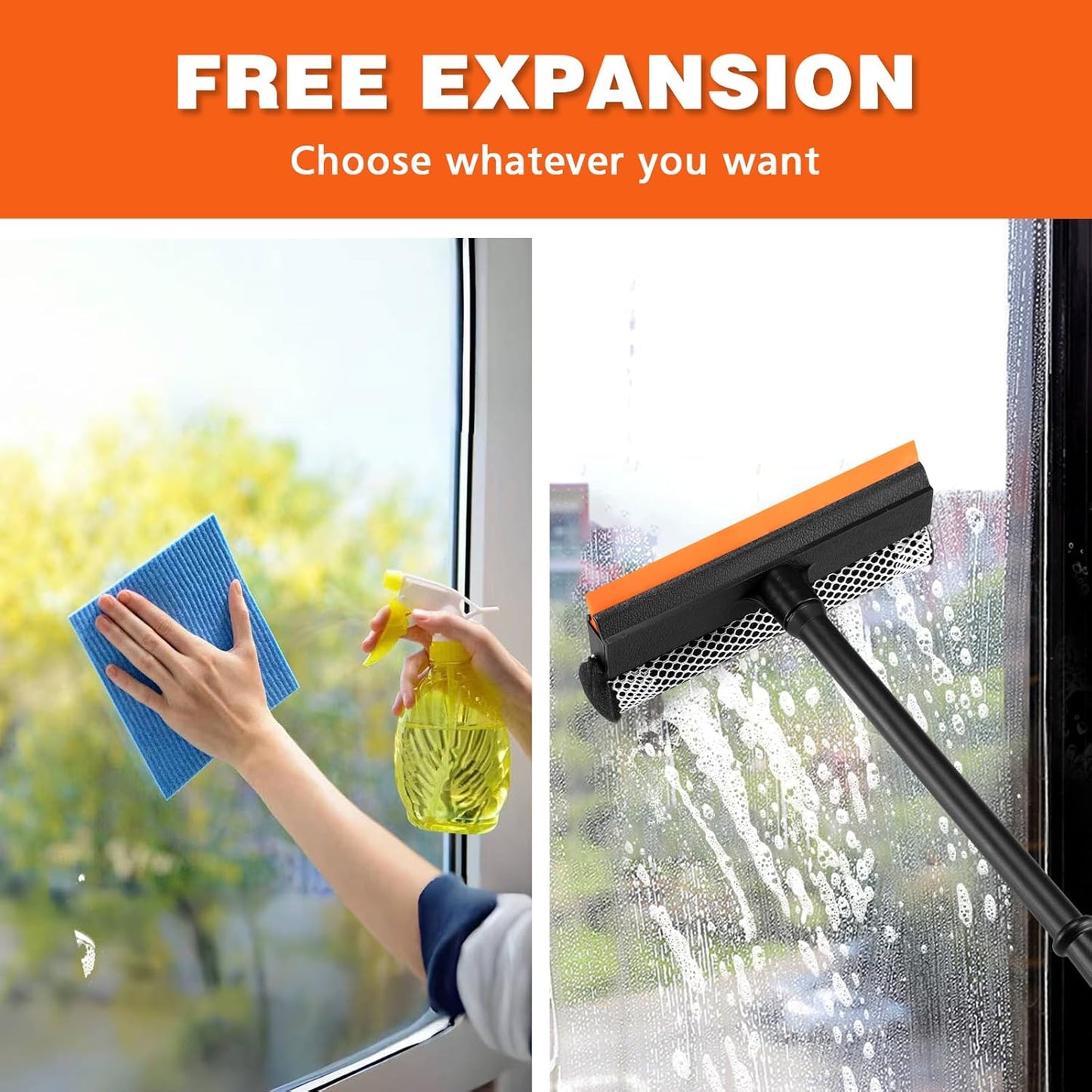 2 in1 Window Squeegee for Car, Window Cleaner with 16inch Long Handle,Sponge Car Window Squeegee
