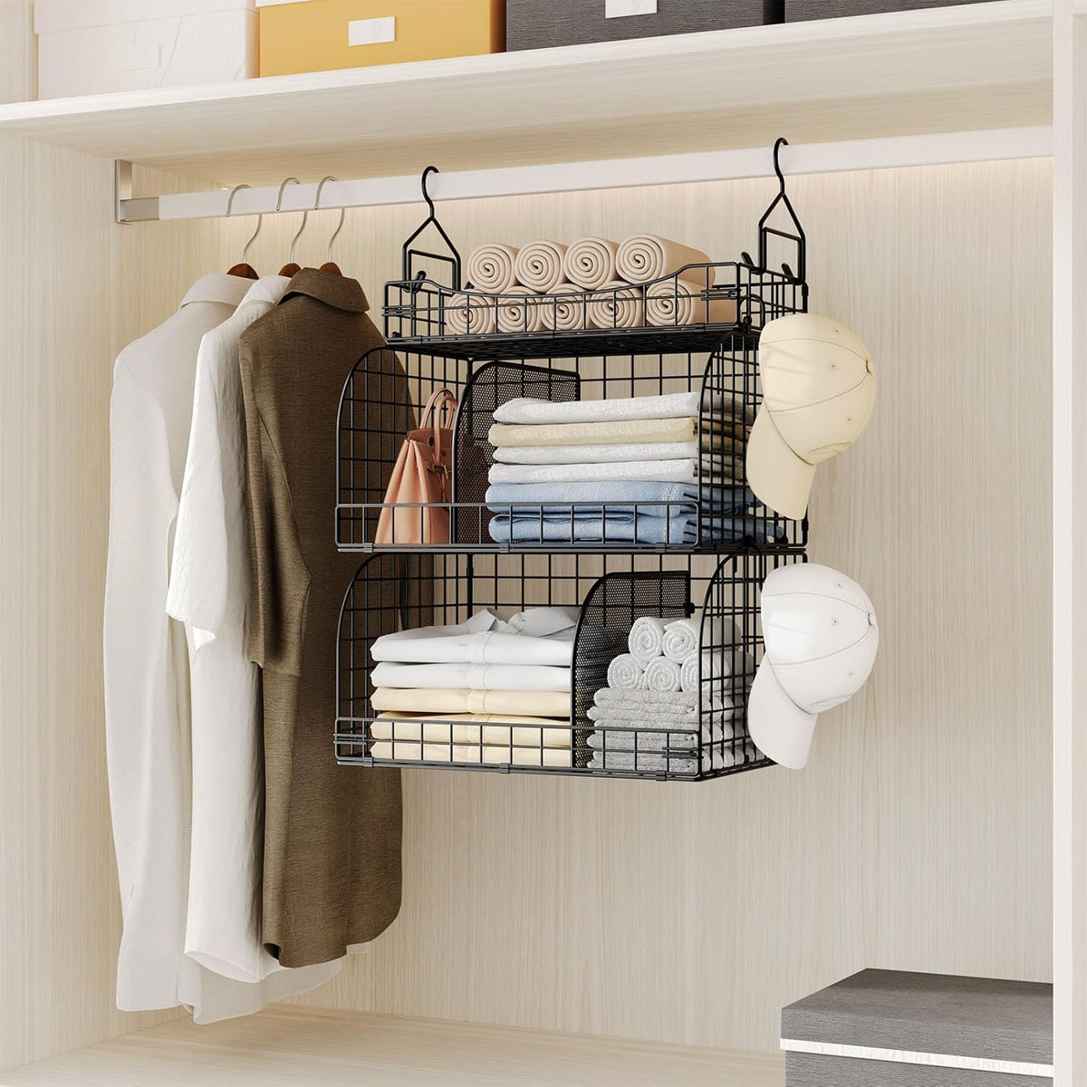 HapiRm Hanging Closet Organizer Storage - 3 Tier Metal Stackable Hanging Closet Shelves with