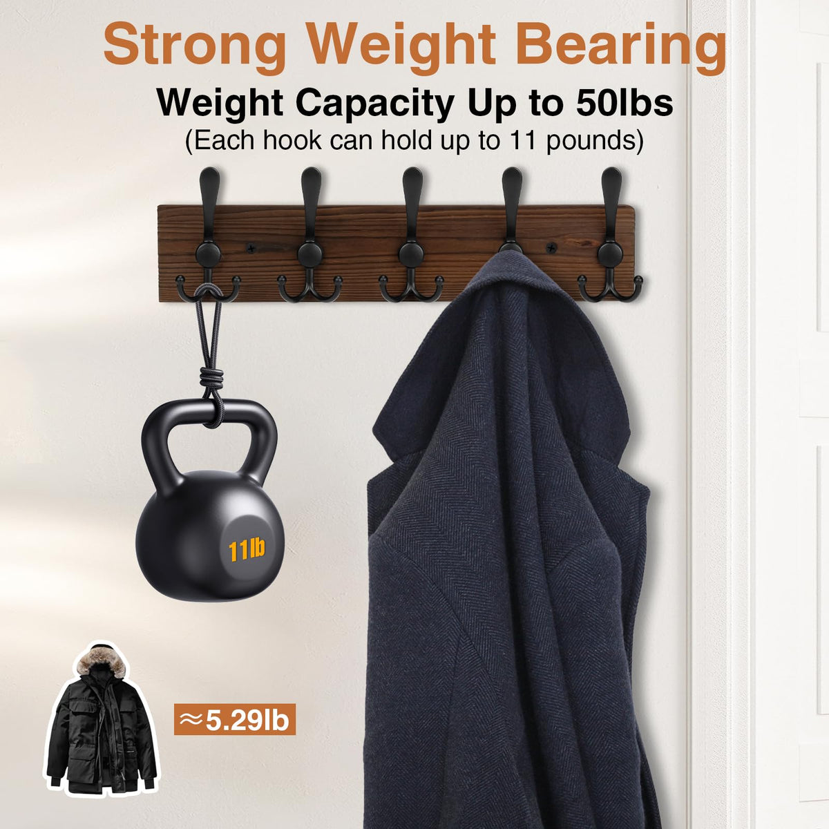 Wooden Coat Rack Wall Mount Heavy Duty, 2 Pack Coat Hanger Wall Mount with 5 Triple Hooks for