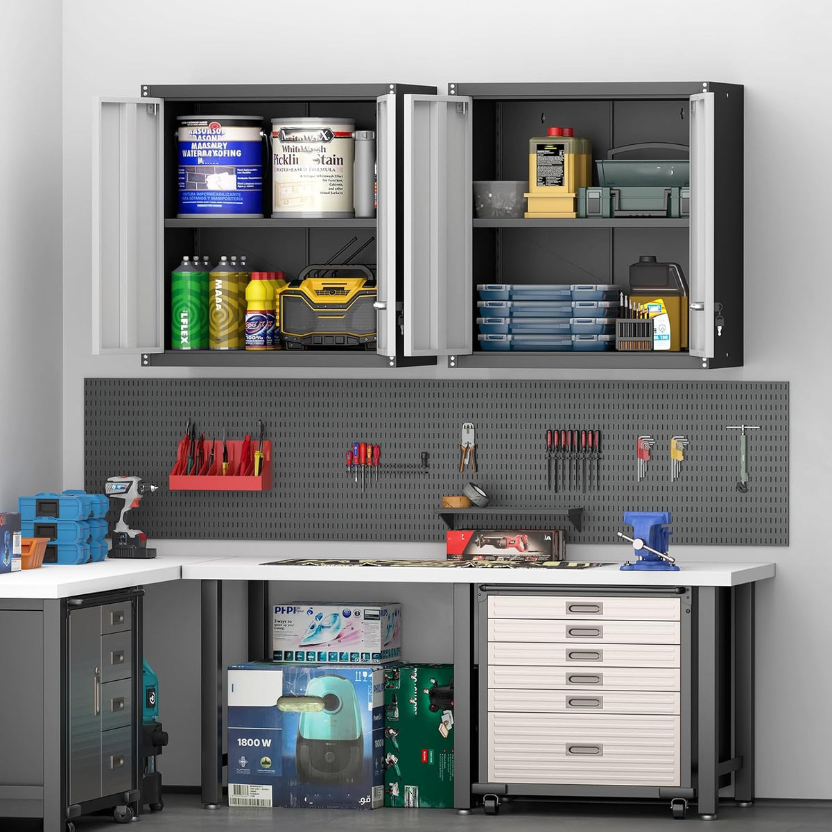 Metal Wall Cabinet, Garage Cabinets Wall Mounted, Locking Storage with Adjustable Shelves, Wall