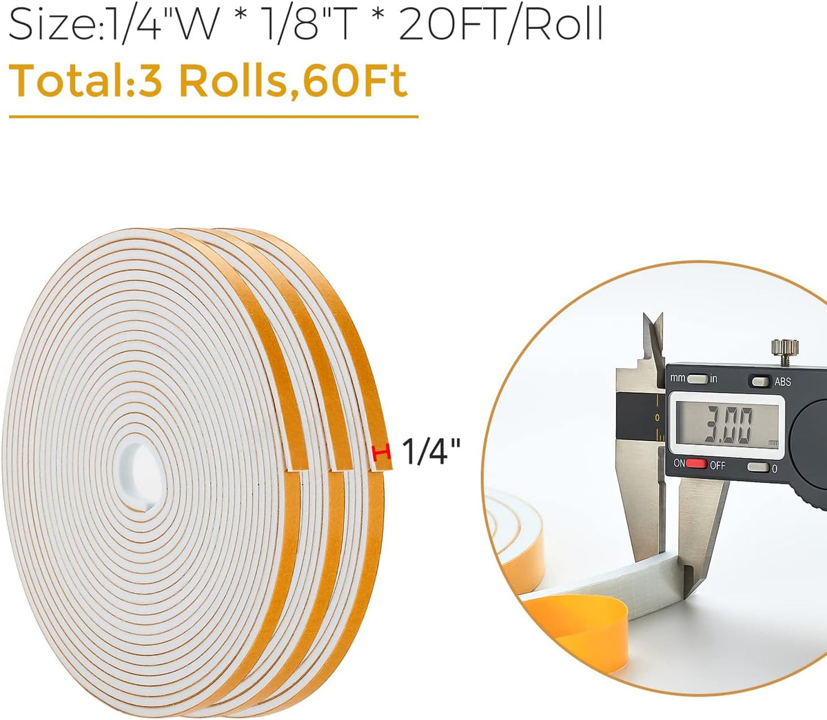 60 Feet Weather Stripping Door Seal, 1/4" Wide X 1/8" Thick Door Seal Strip High Density Foam Tape