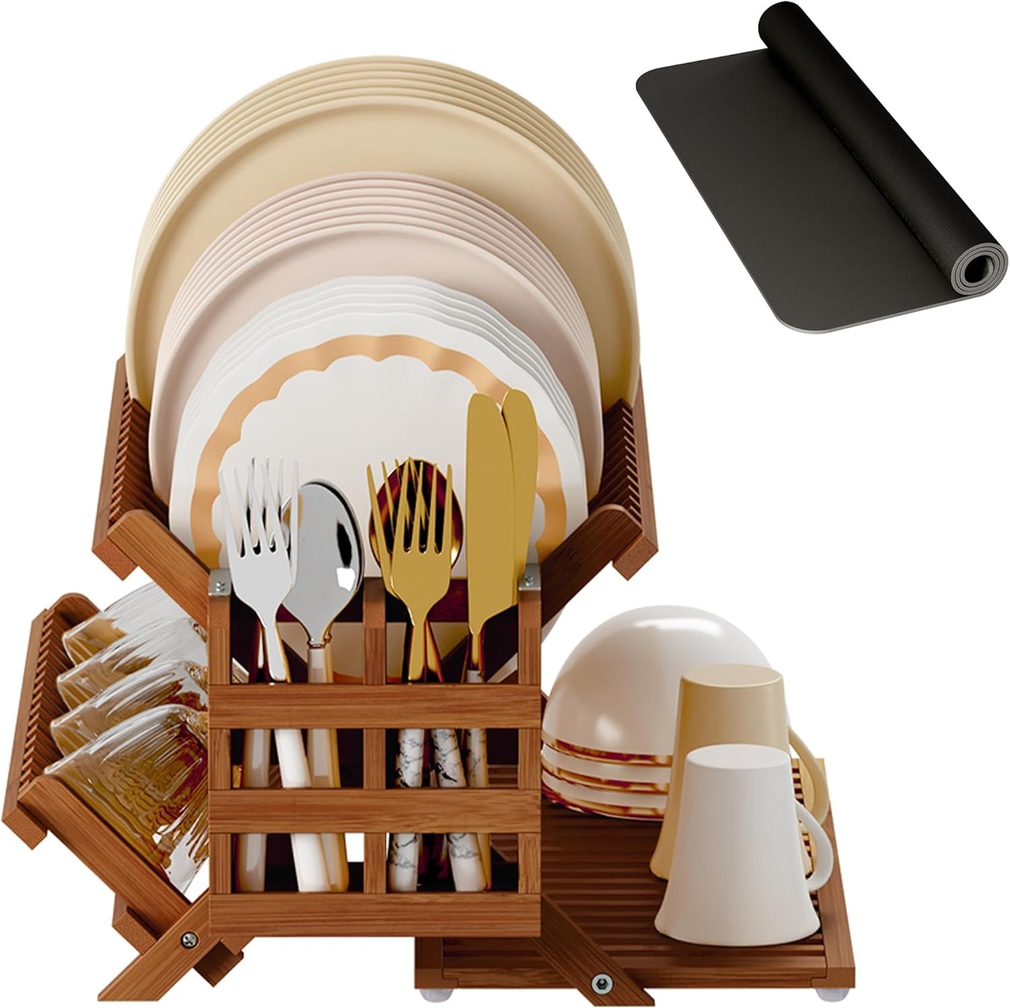 Greenual Teak Dish Drying Rack with Utensil Holder, 3 Tier Collapsible Dish Rack, Wooden Dish Racks