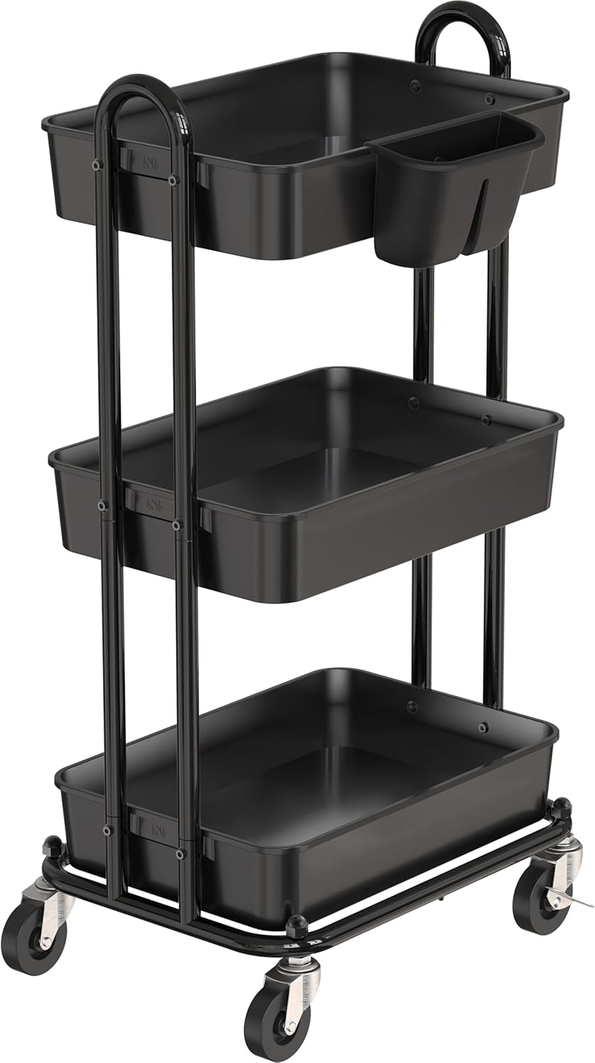 Simple Houseware 3-Tier Multifunctional Rolling Utility Cart with Hanging Bucket, Black