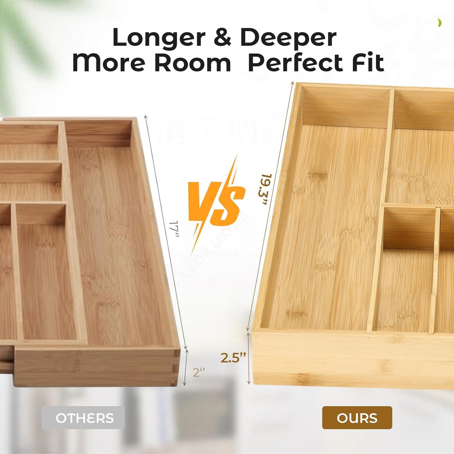 Fabsome Silverware Organizer for Kitchen Drawers, 2.5'' Deep 18.8'' Wide Bamboo Wood Flatware Tray