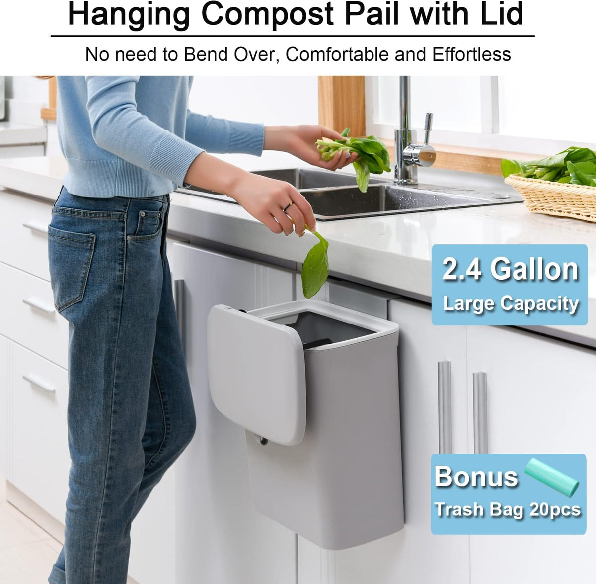 Tiyafuro 2.4 Gallon Kitchen Compost Bin for Counter Top or Under Sink, Hanging Small Trash Can with