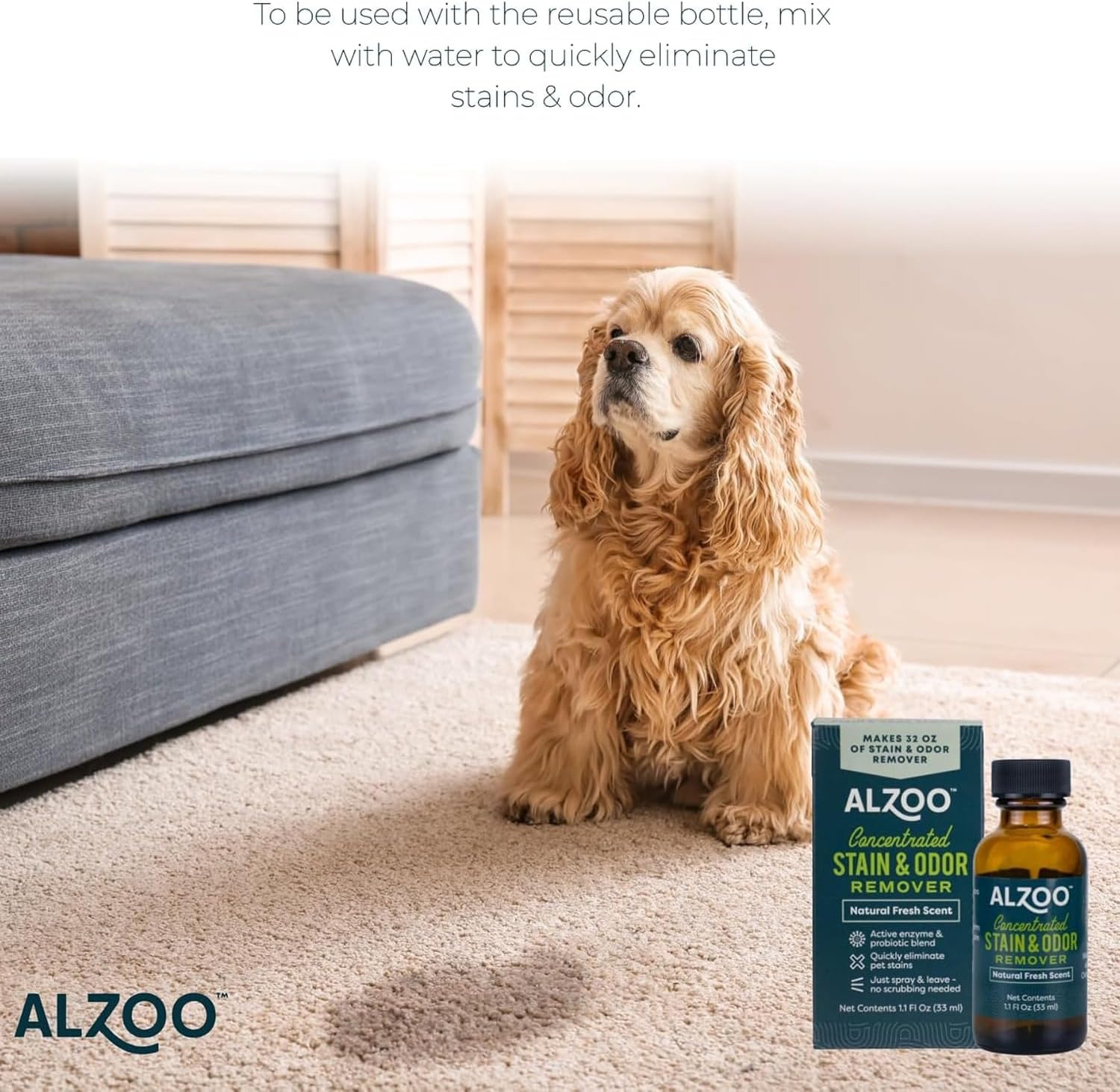 ALZOO Concentrated Stain & Odor Remover Refill Bottle, 100% Plant-Based Active Ingredients, 1.1 Fl.