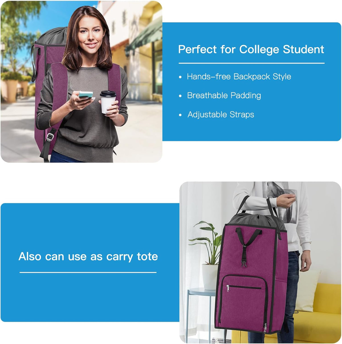 Bukere Laundry Tote Basket, Laundry Backpack Bag for Guys Girls Boys, Collapsible Laundry Hamper