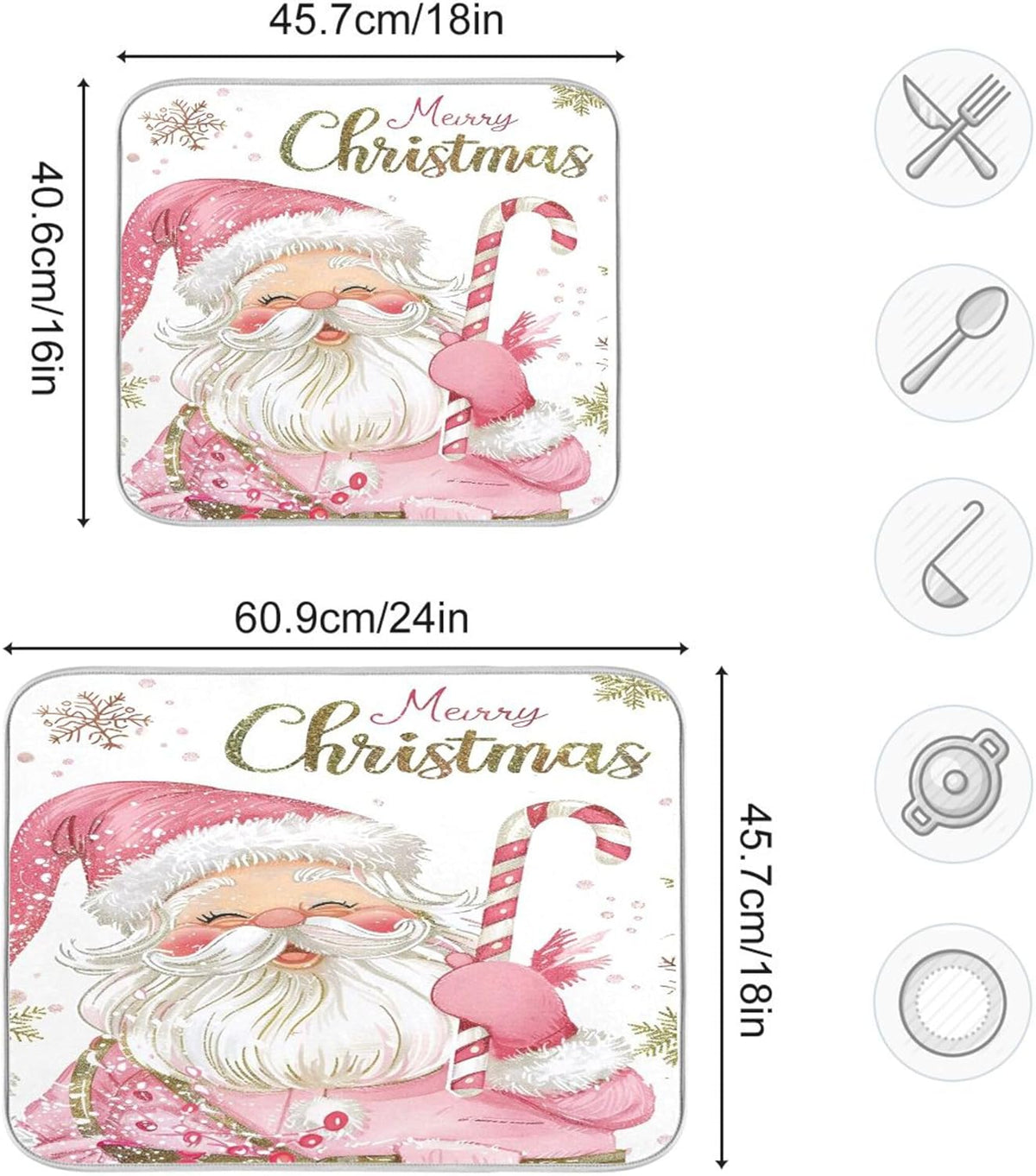 Christmas Santa Claus Pink Dish Drying Mat for Kitchen Countertop 16x18 Xmas Candy Cane Snowflake