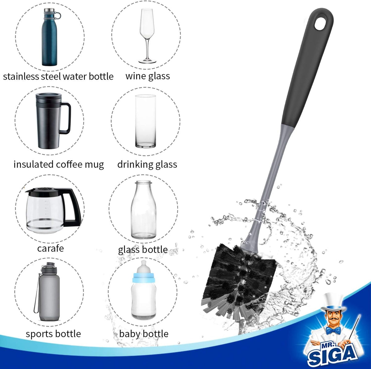 MR.SIGA Long Handle Bottle Brush, Flexible Scrub Brush for Water Bottles, Glasswares, Mugs, Black