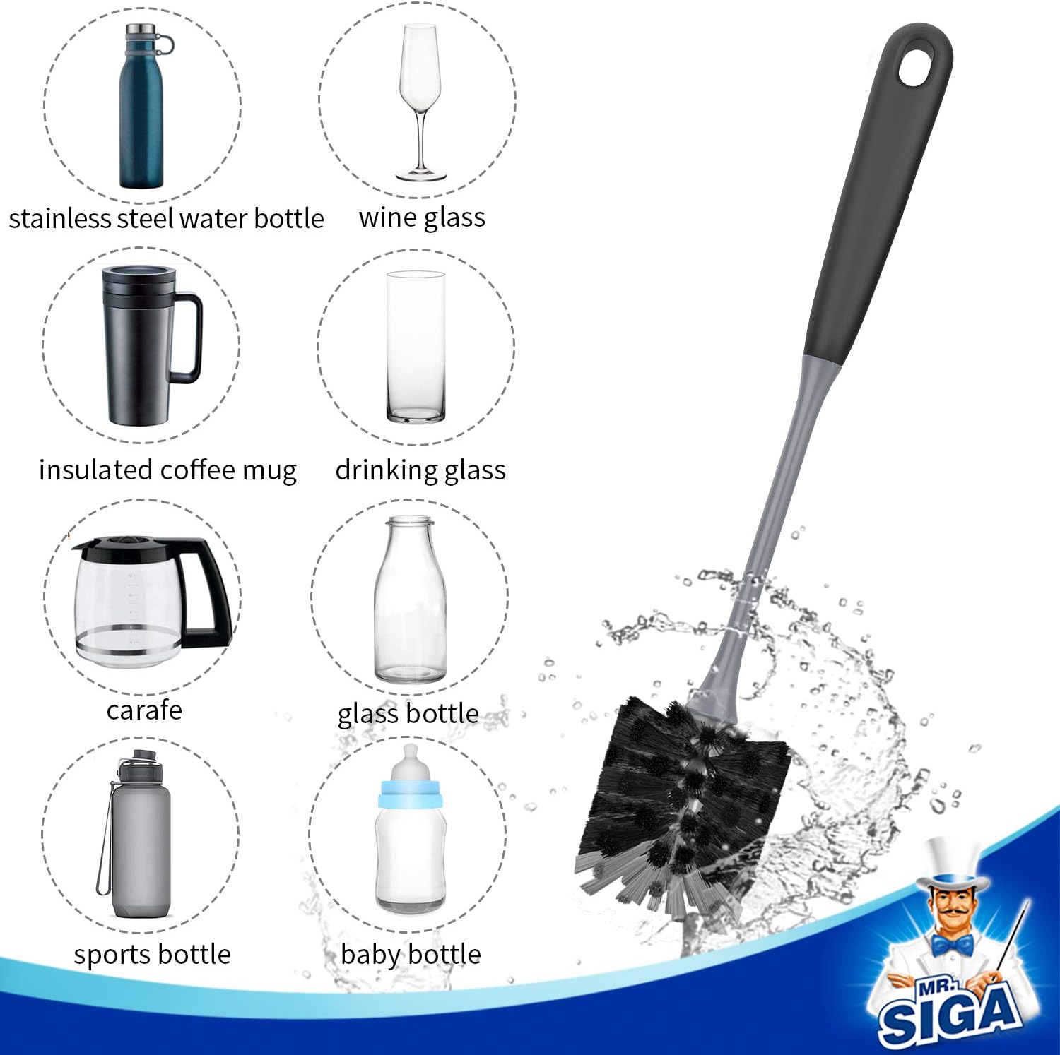 MR.SIGA Long Handle Bottle Brush, Flexible Scrub Brush for Water Bottles, Glasswares, Mugs, Black