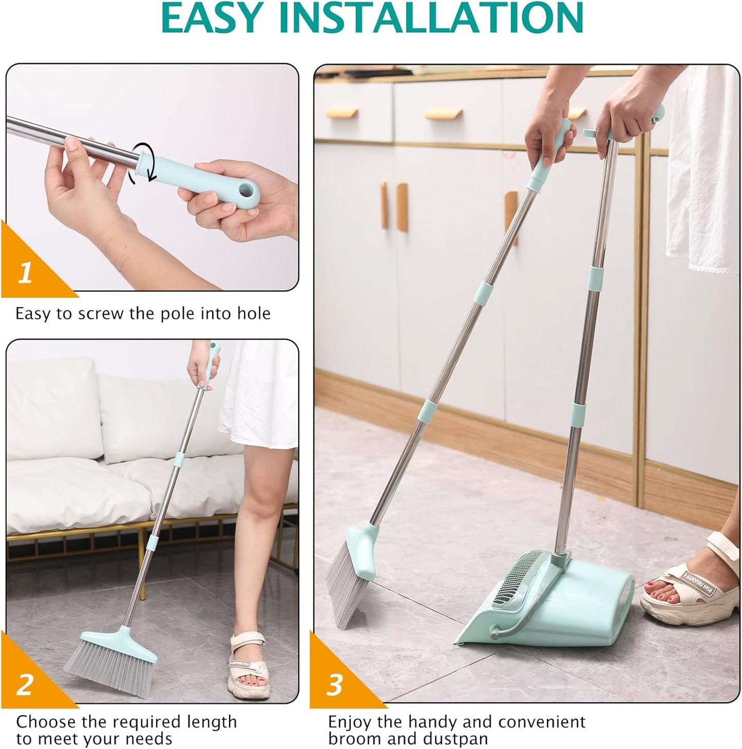 XXXFLOWER Broom and Dustpan Set with Cleaning Teeth, 55" Long Handle Indoor Sweeping Combo for Home