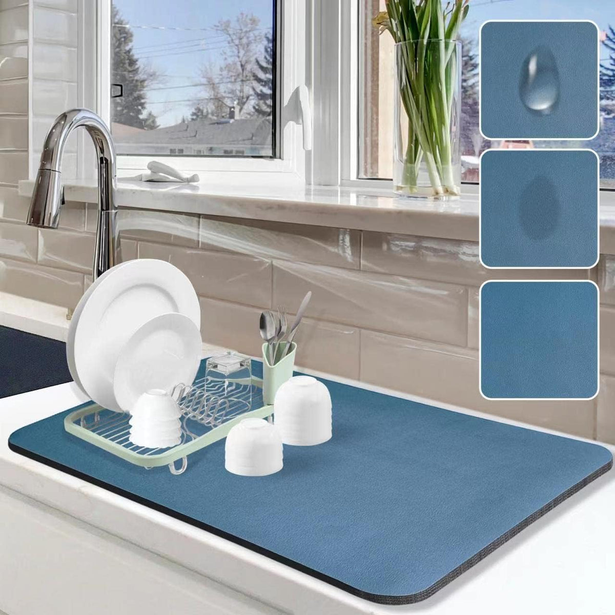 Dish Drying Mat for Kitchen Counter, 16"x24" Dish Drying Pad with Non-slip Rubber Backed, Hide