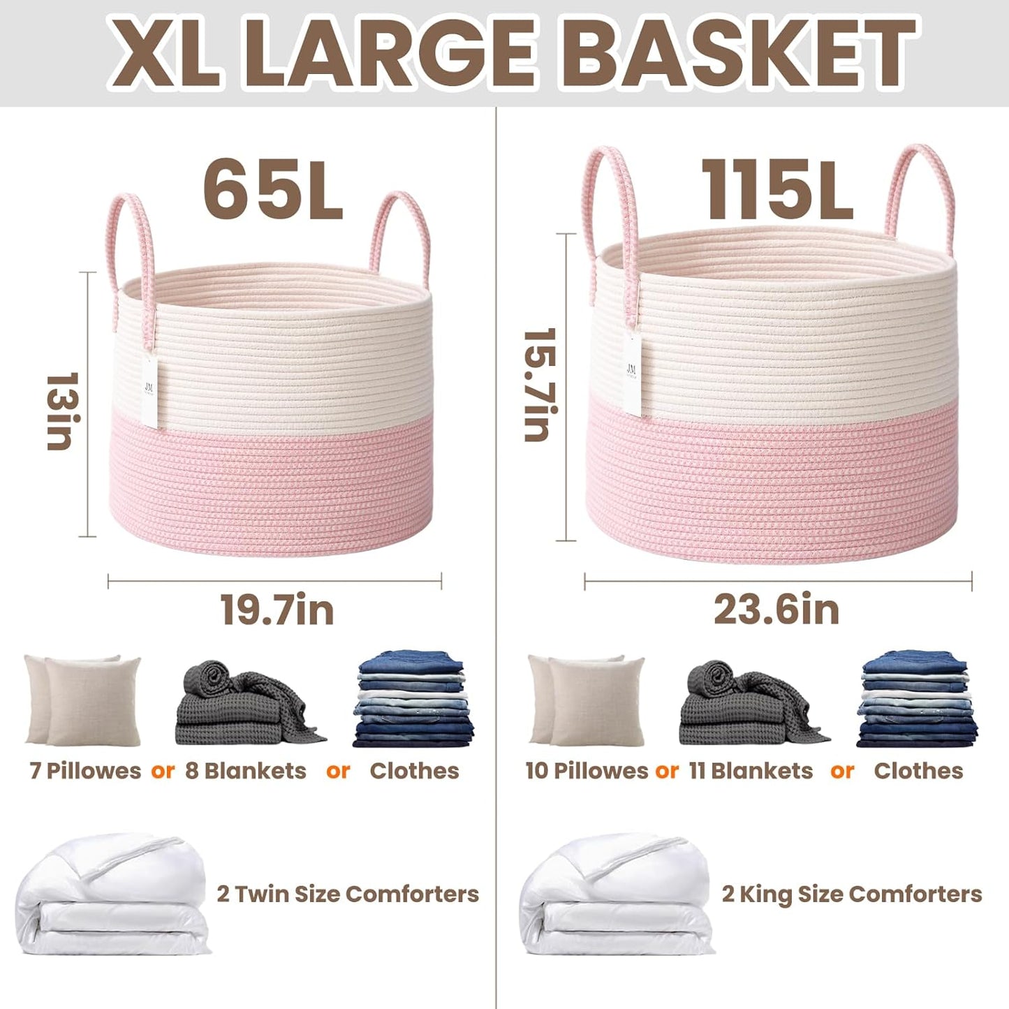 Woven Blanket Basket,65L Large Rope Storage Bin with Handles, Organizer for Blankets Toys Book and