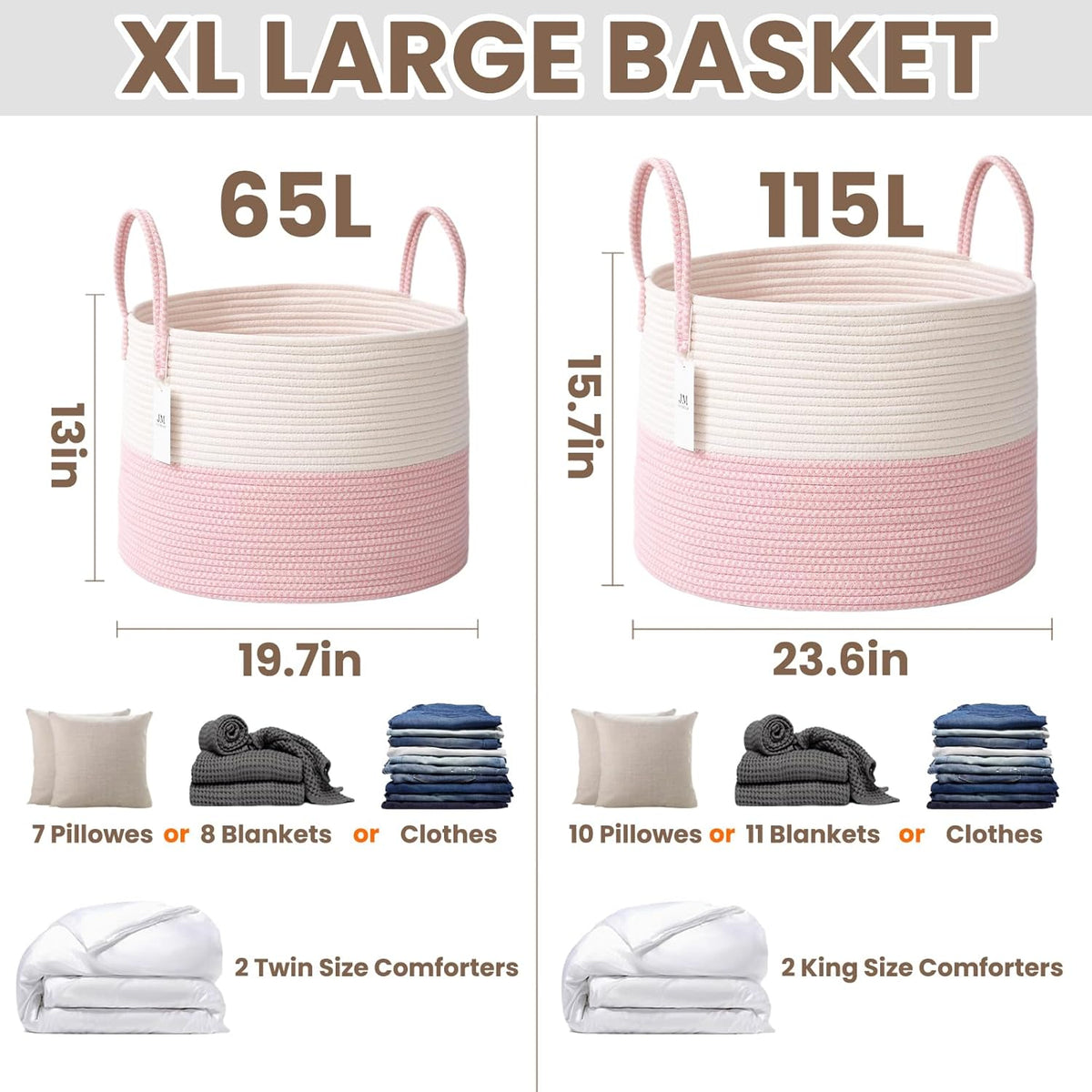 Woven Blanket Basket,115L Large Rope Storage Bin with Handles, Organizer for Blankets Toys Book and