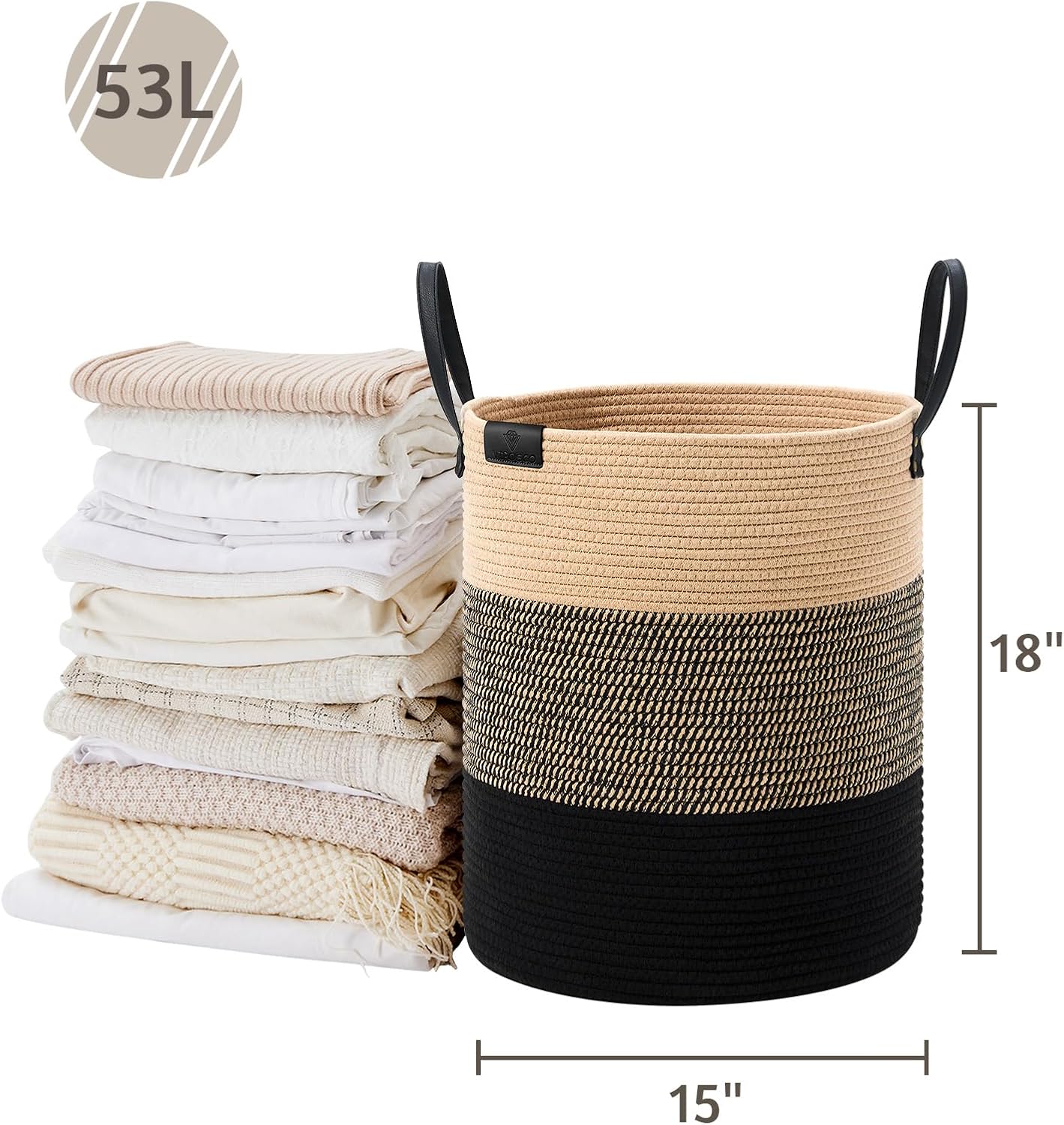 VIPOSCO Tall Laundry Basket, Large Dirty Clothes Hamper with Leather Handle, Woven Rope Storage