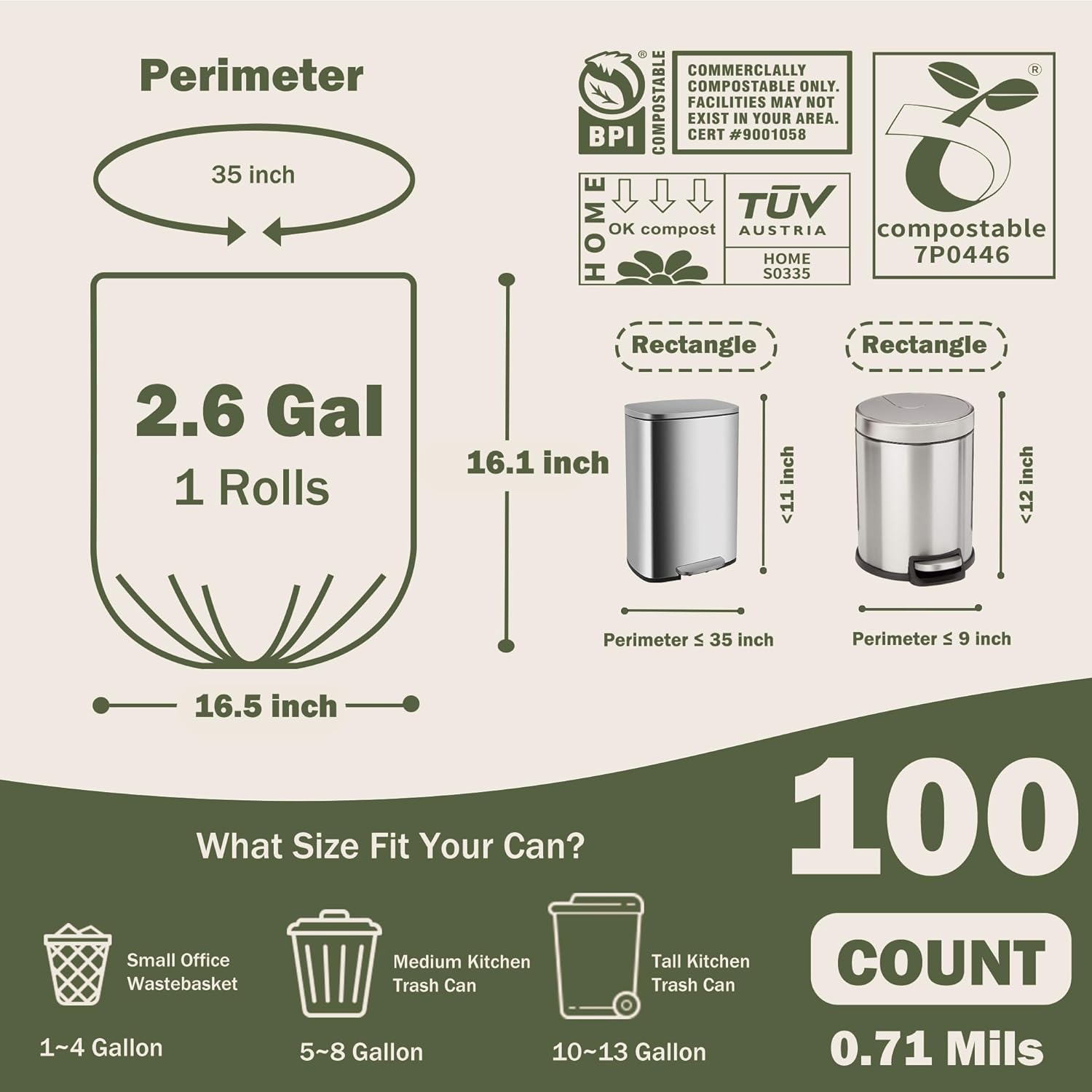 Compostable Trash Bags, 2.6 Gallon, 100 Count, 100% Compost Waste Bags for Kitchen Bathroom Office
